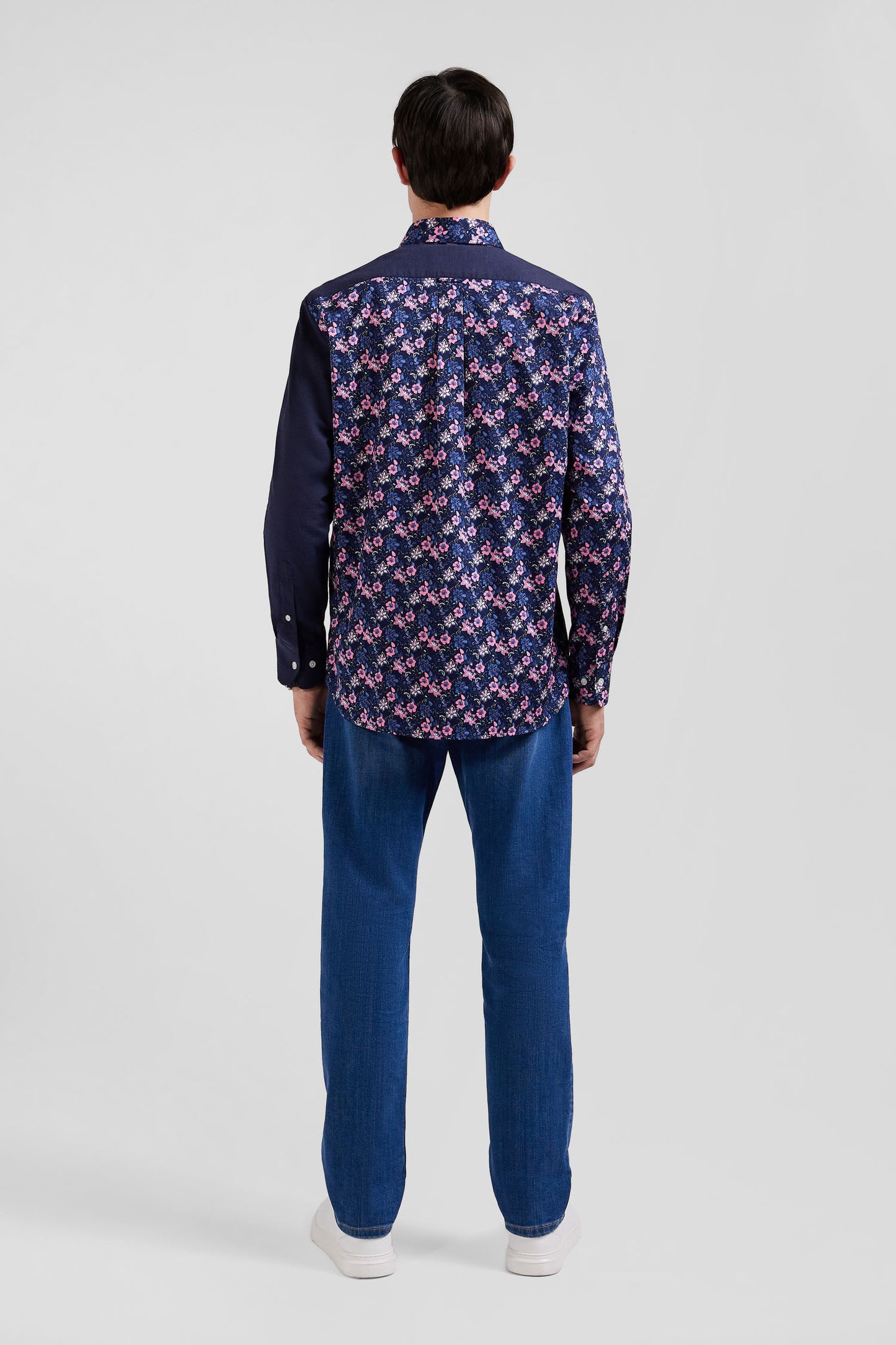 Regular navy blue cotton twill shirt with micro floral print