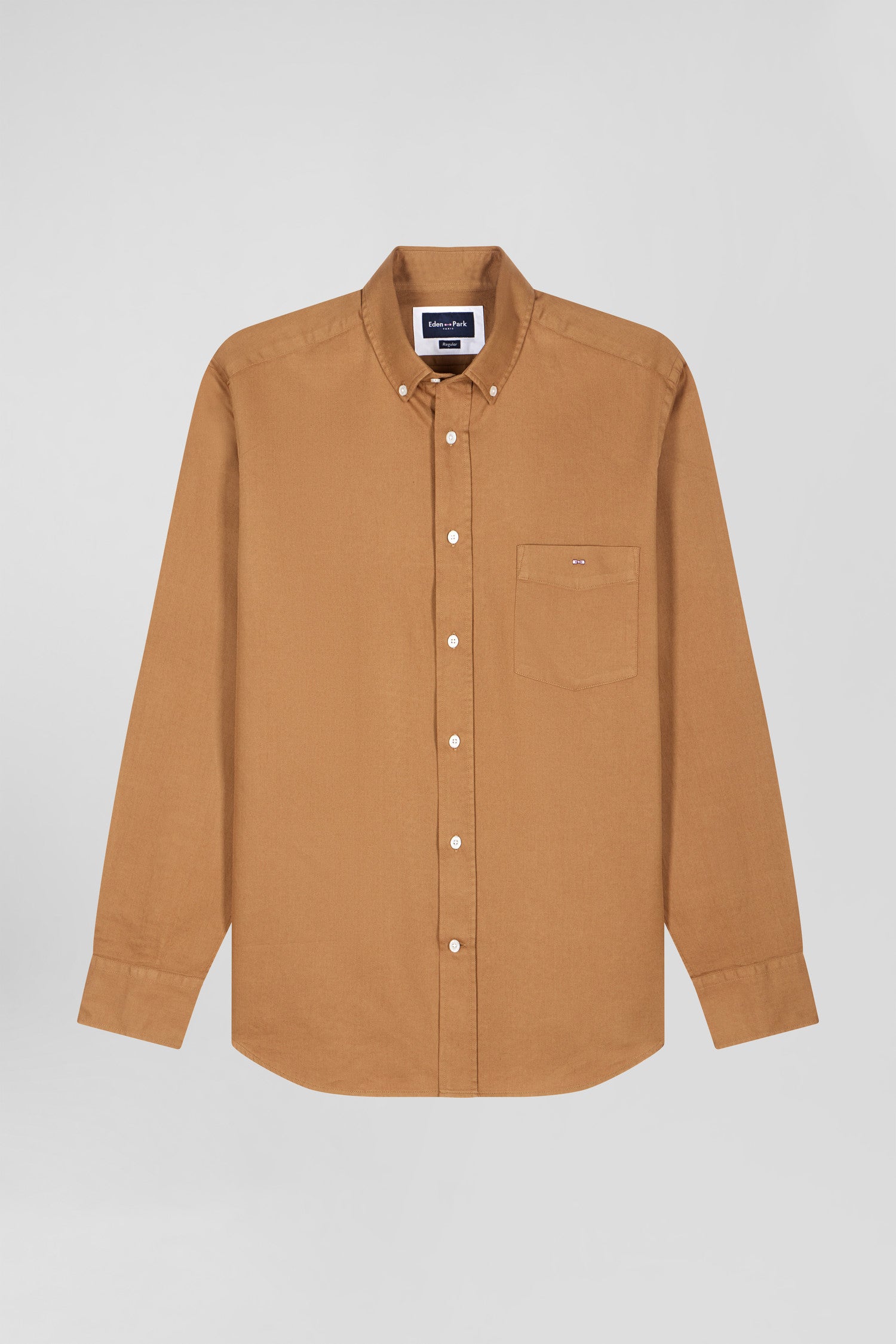 Regular plain camel piqué cotton shirt