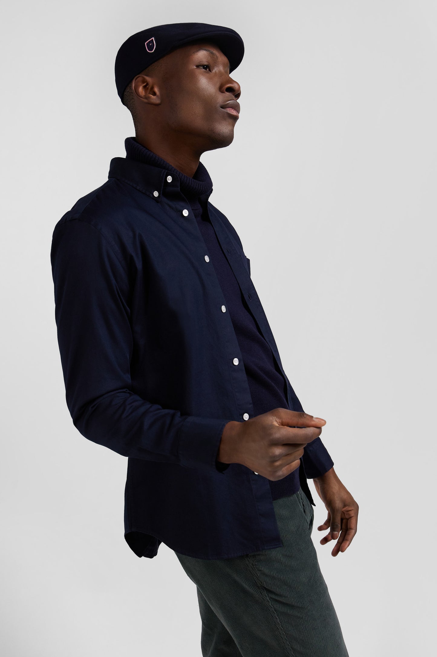 Regular plain navy blue piqué cotton shirt