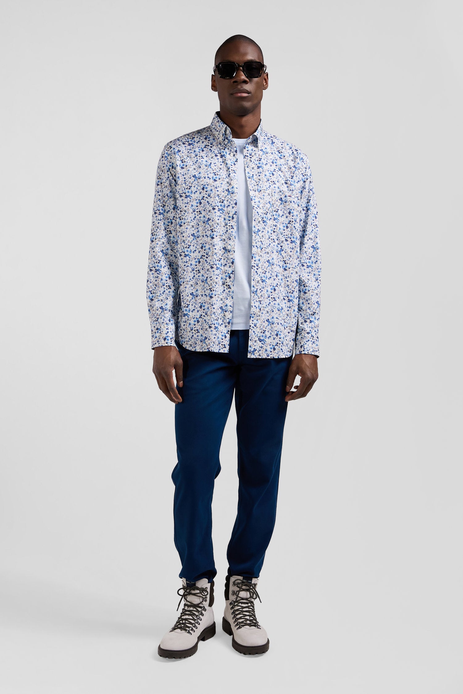 Regular ecru Pima cotton poplin shirt micro floral print