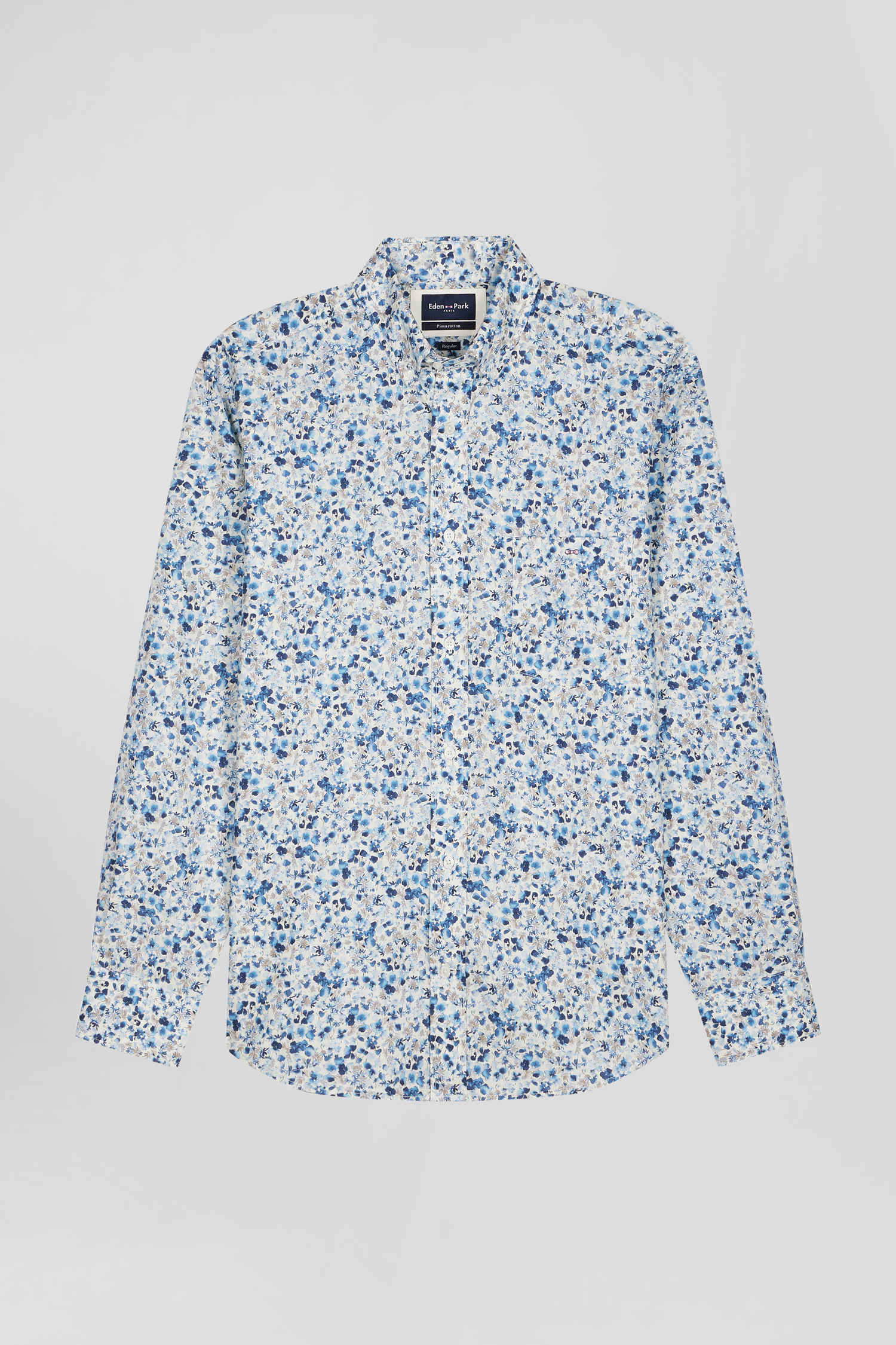 Regular ecru Pima cotton poplin shirt micro floral print