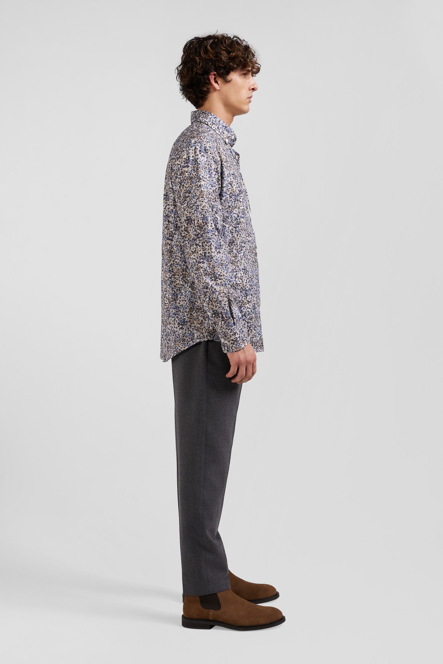 Regular ecru cotton poplin shirt with micro floral print