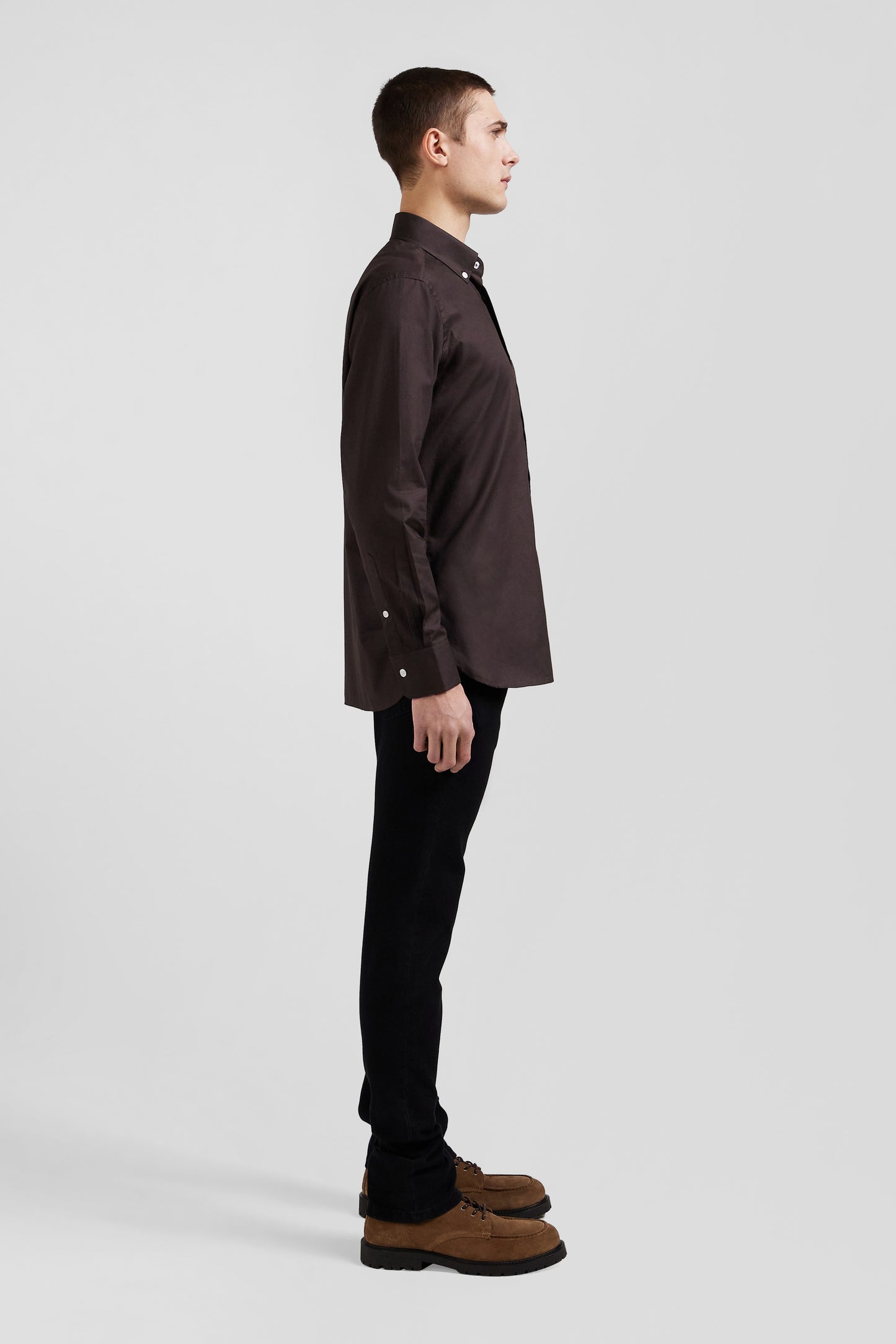 Regular brown oxford cotton shirt with striped bow tie detail