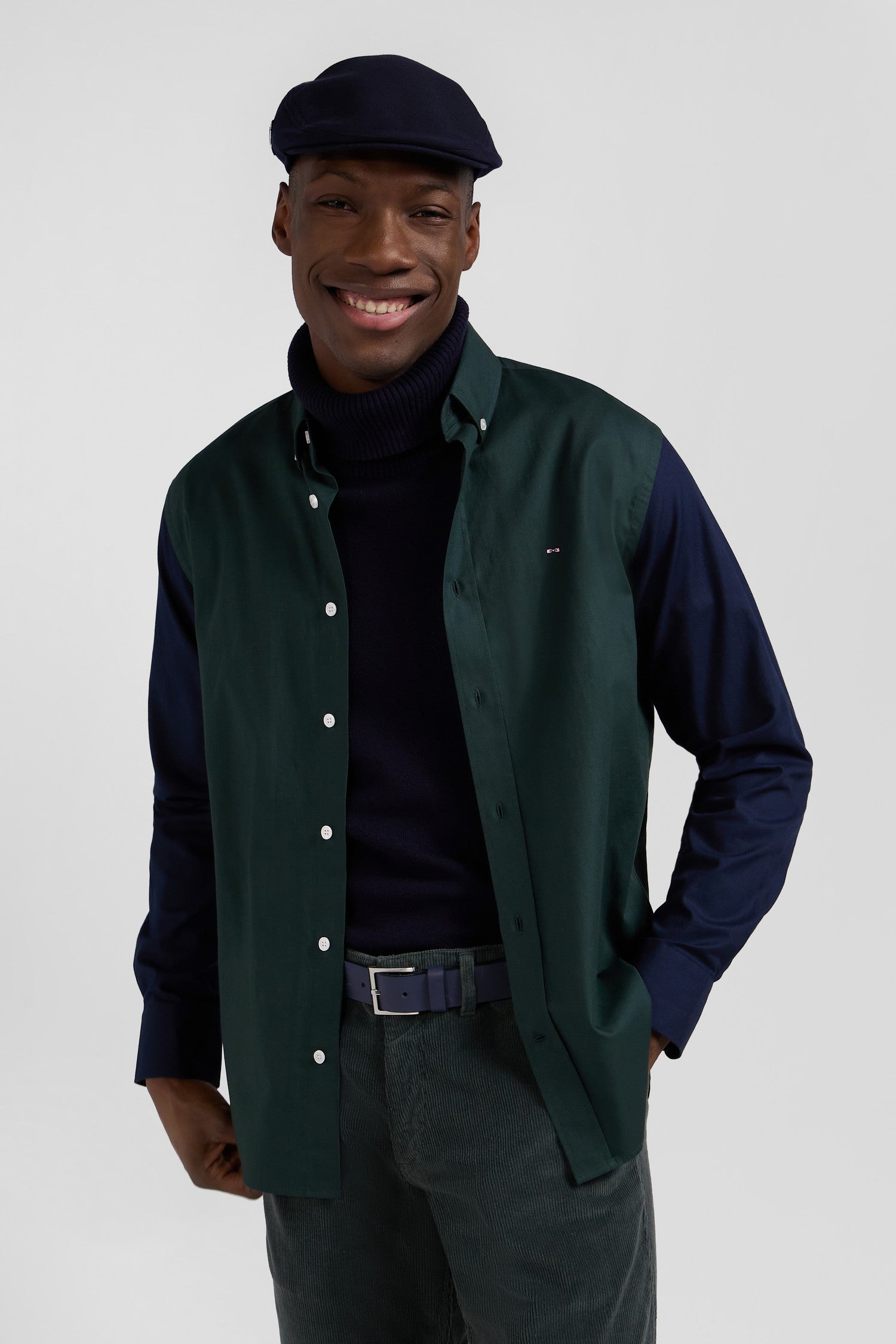 Chemise en oxford de coton verte et marine broderie dos coupe Regular