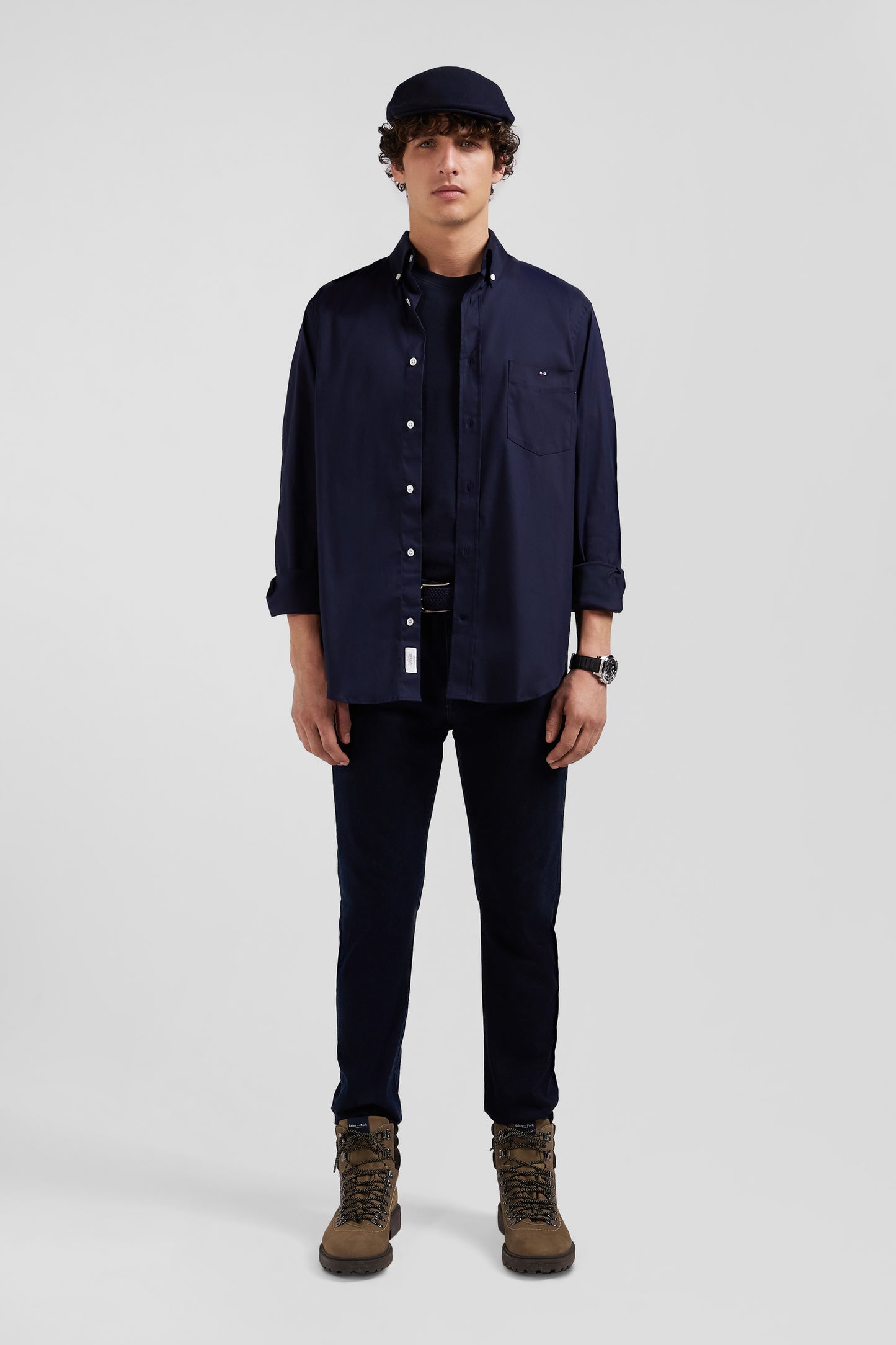 Regular plain navy blue mixed stretch cotton shirt