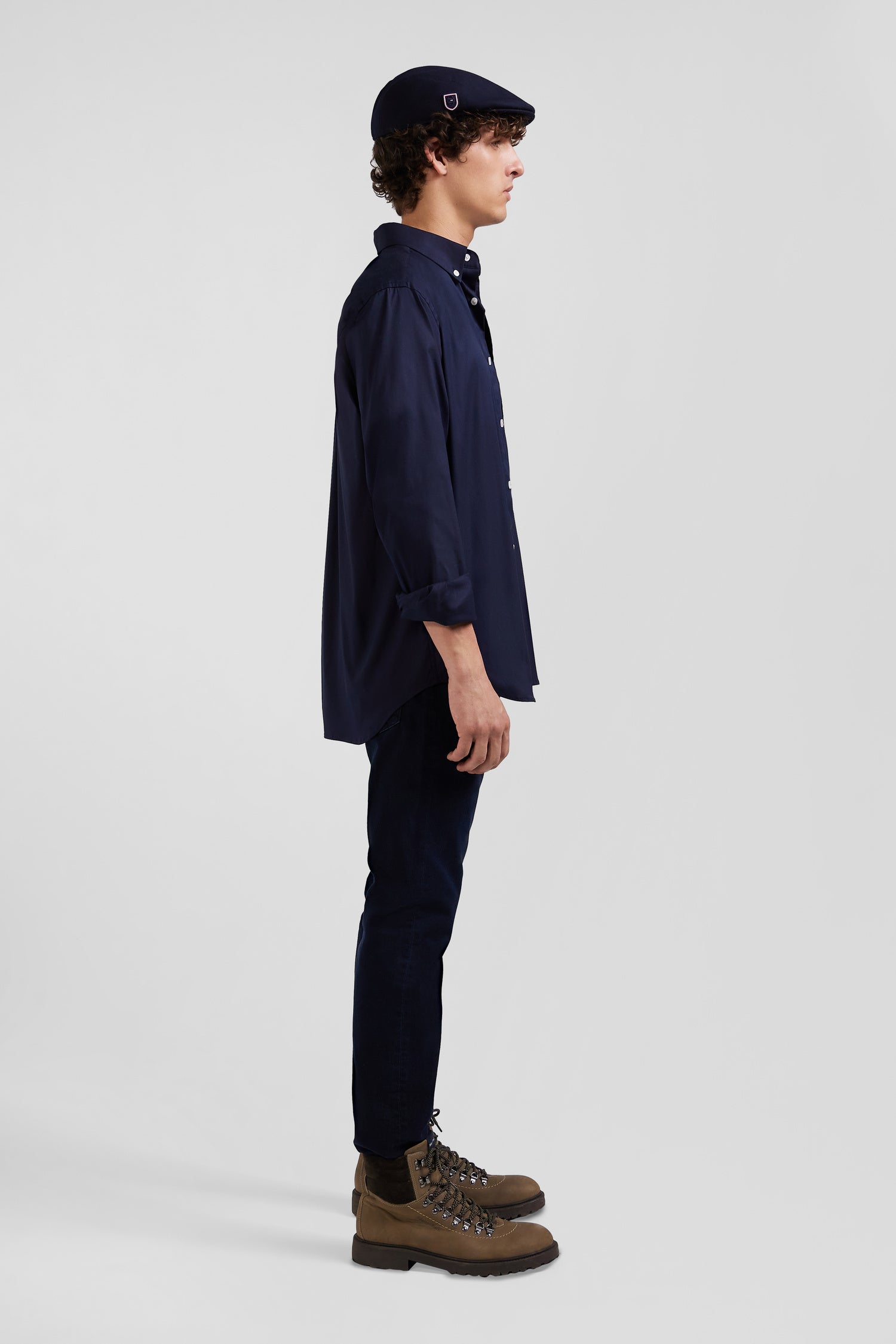 Regular plain navy blue mixed stretch cotton shirt