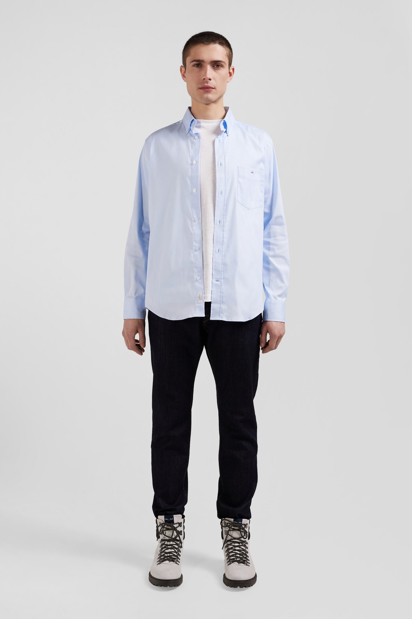 Regular plain sky blue mixed stretch cotton shirt