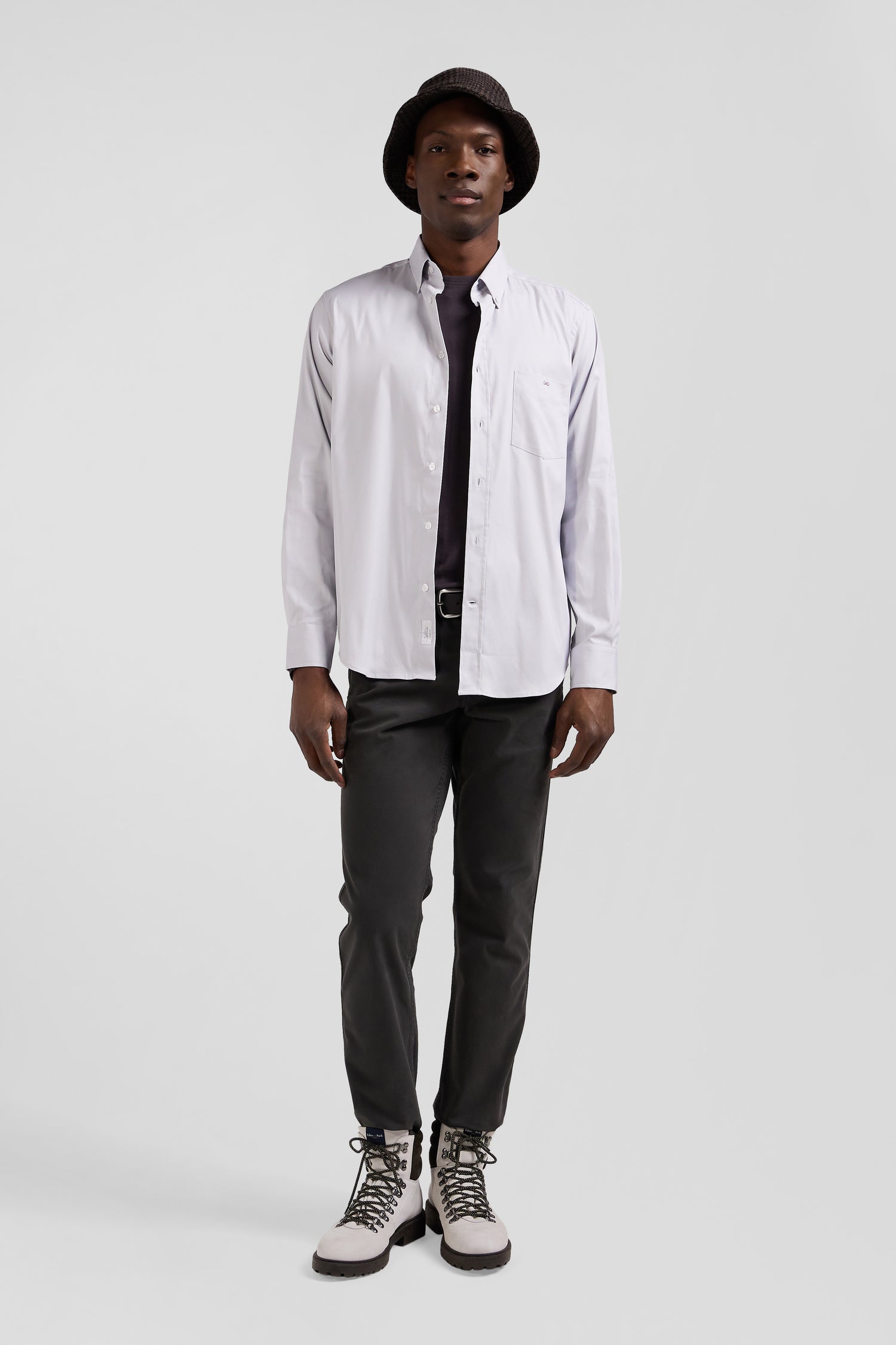 Chemise unie grise en coton stretch mélangé coupe Regular