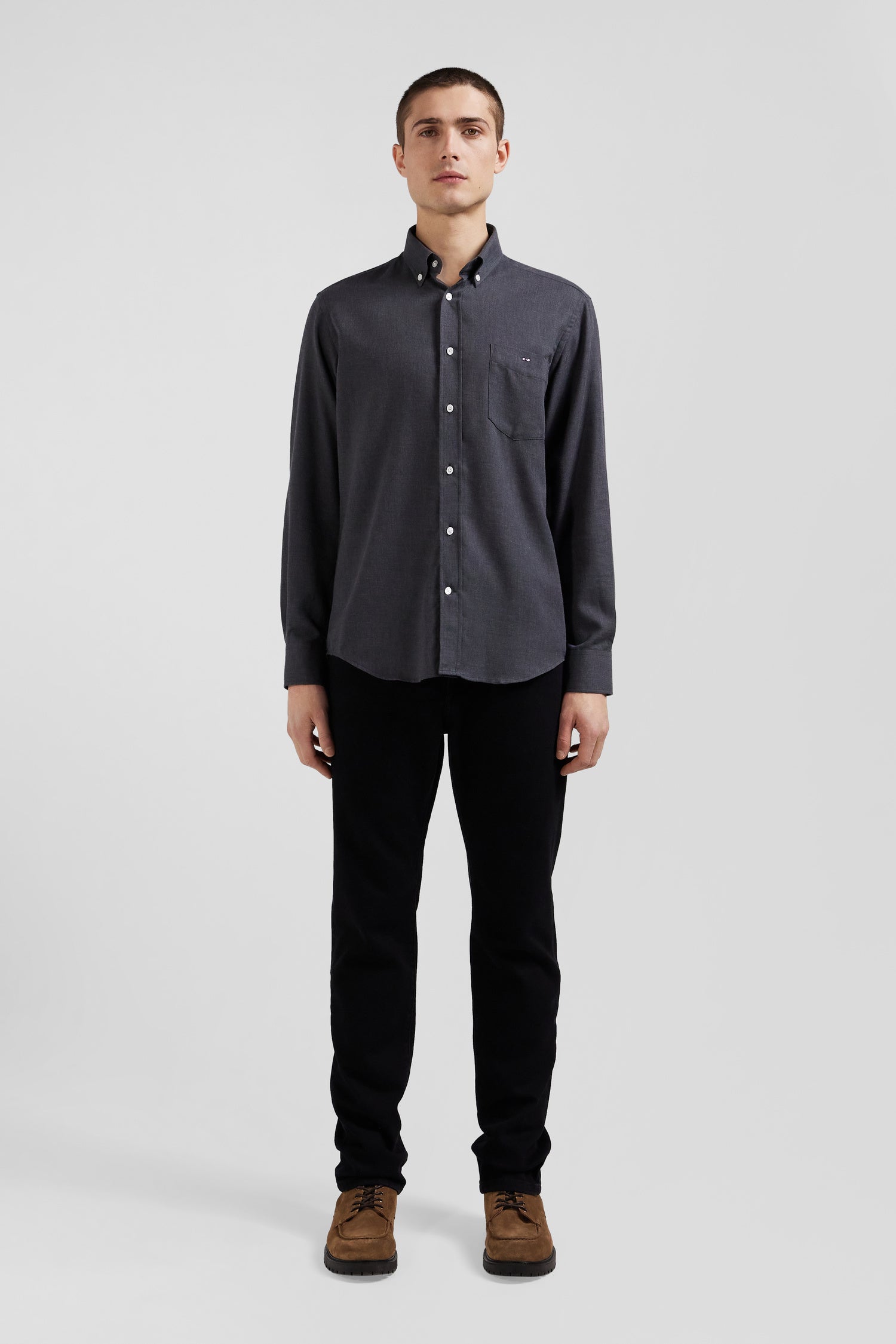 Regular anthracite grey cotton and cashmere twill shirt