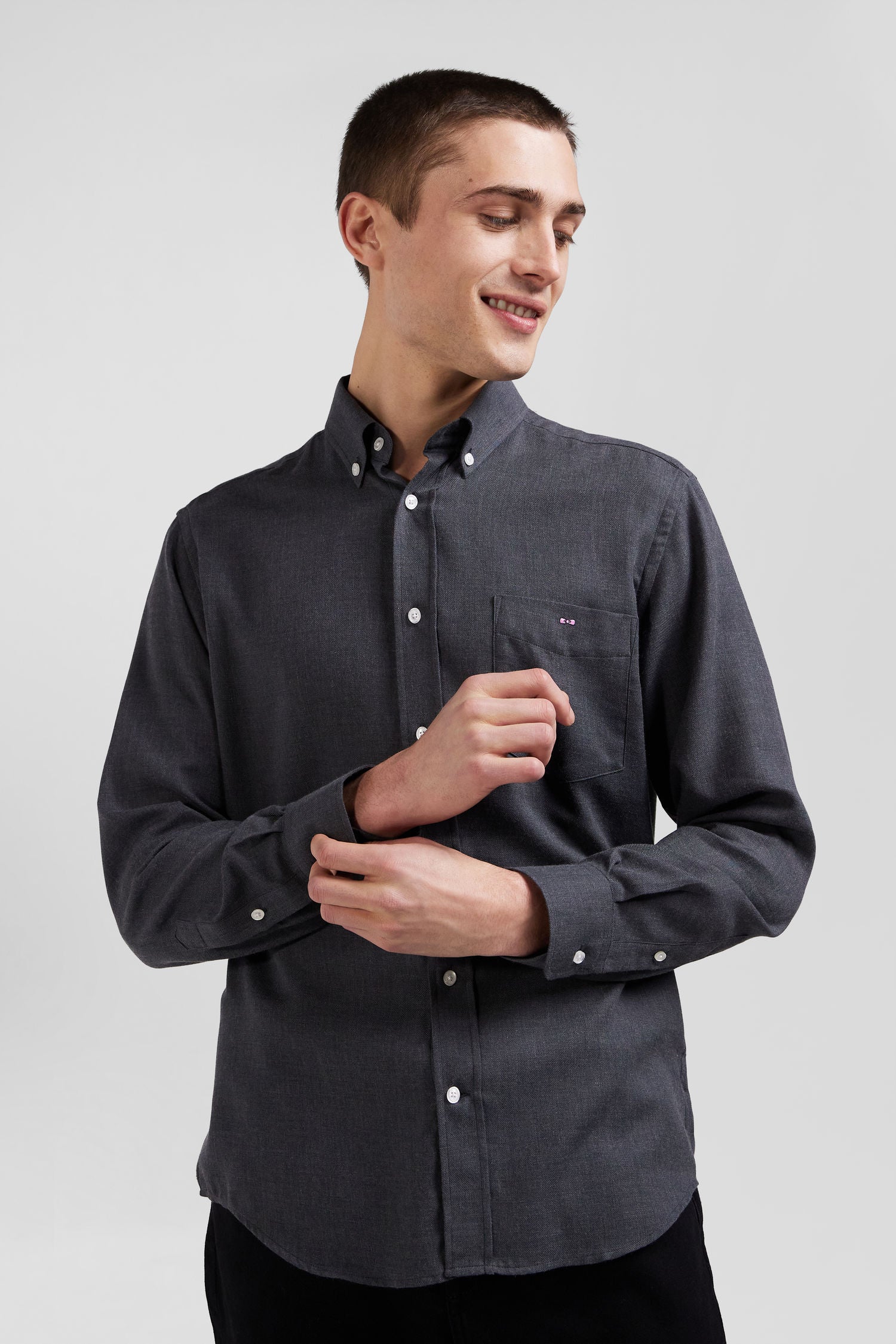 Regular anthracite grey cotton and cashmere twill shirt