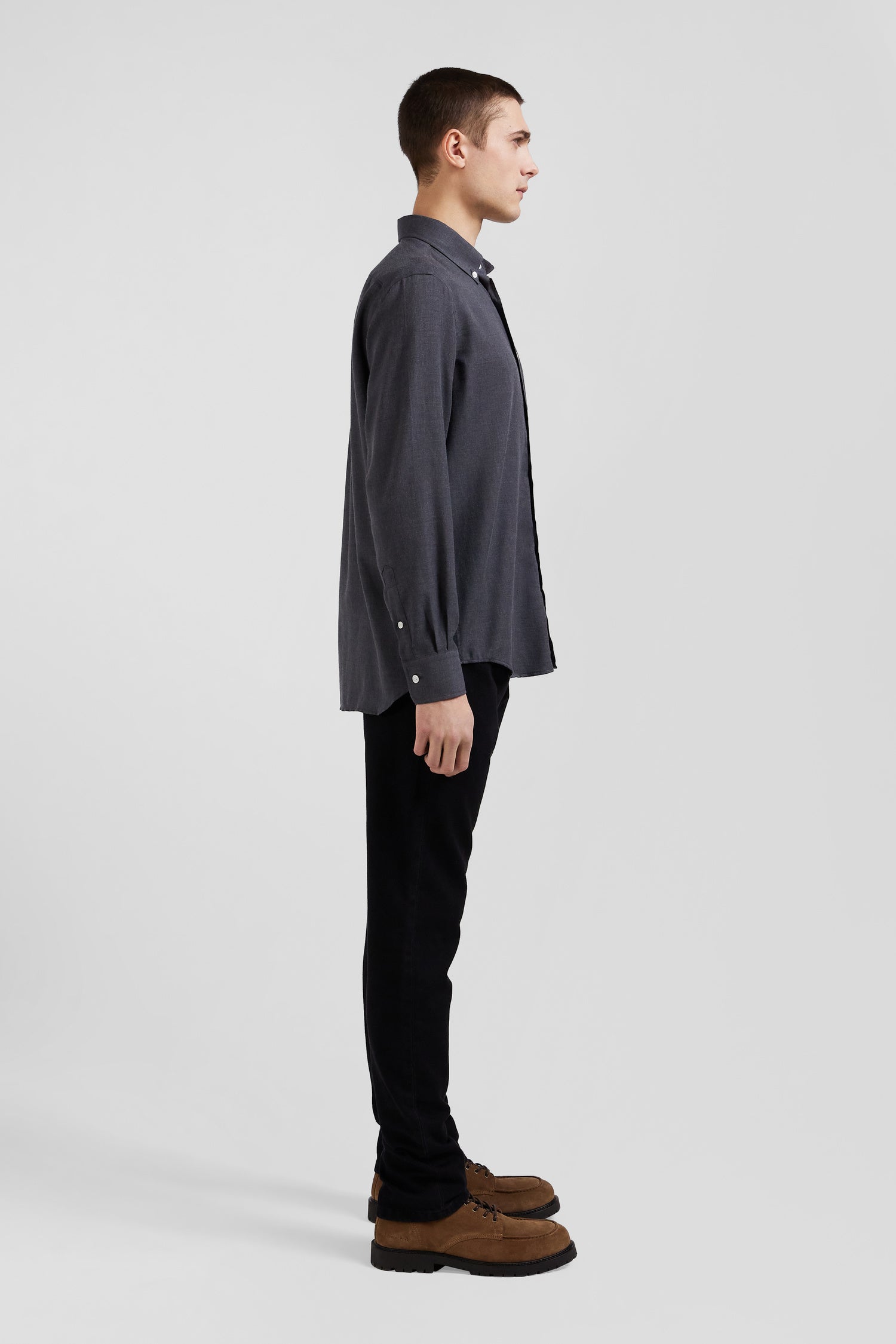 Regular anthracite grey cotton and cashmere twill shirt