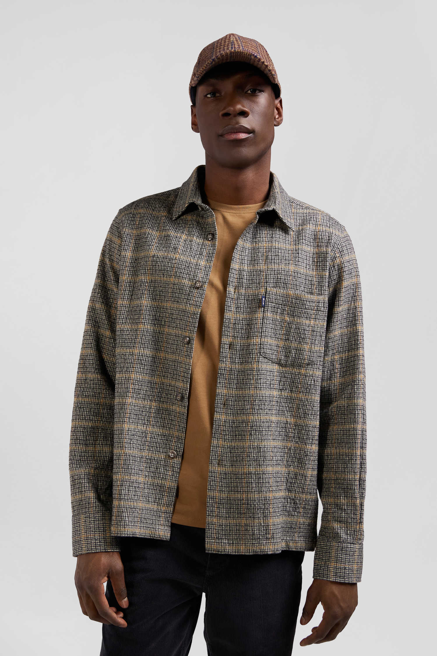 Regular grey checked wool and cotton overshirt