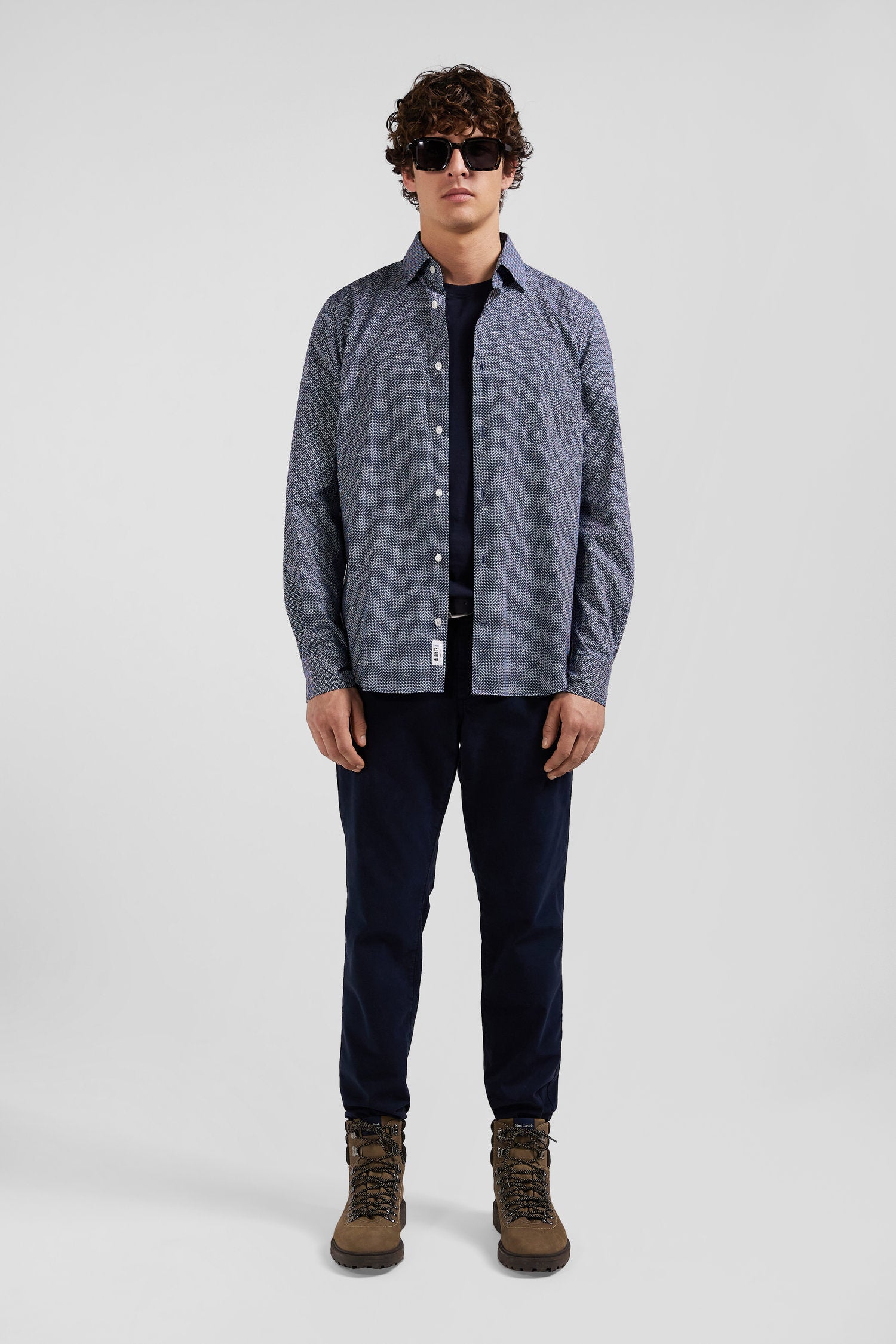 Slim navy blue microprint cotton shirt