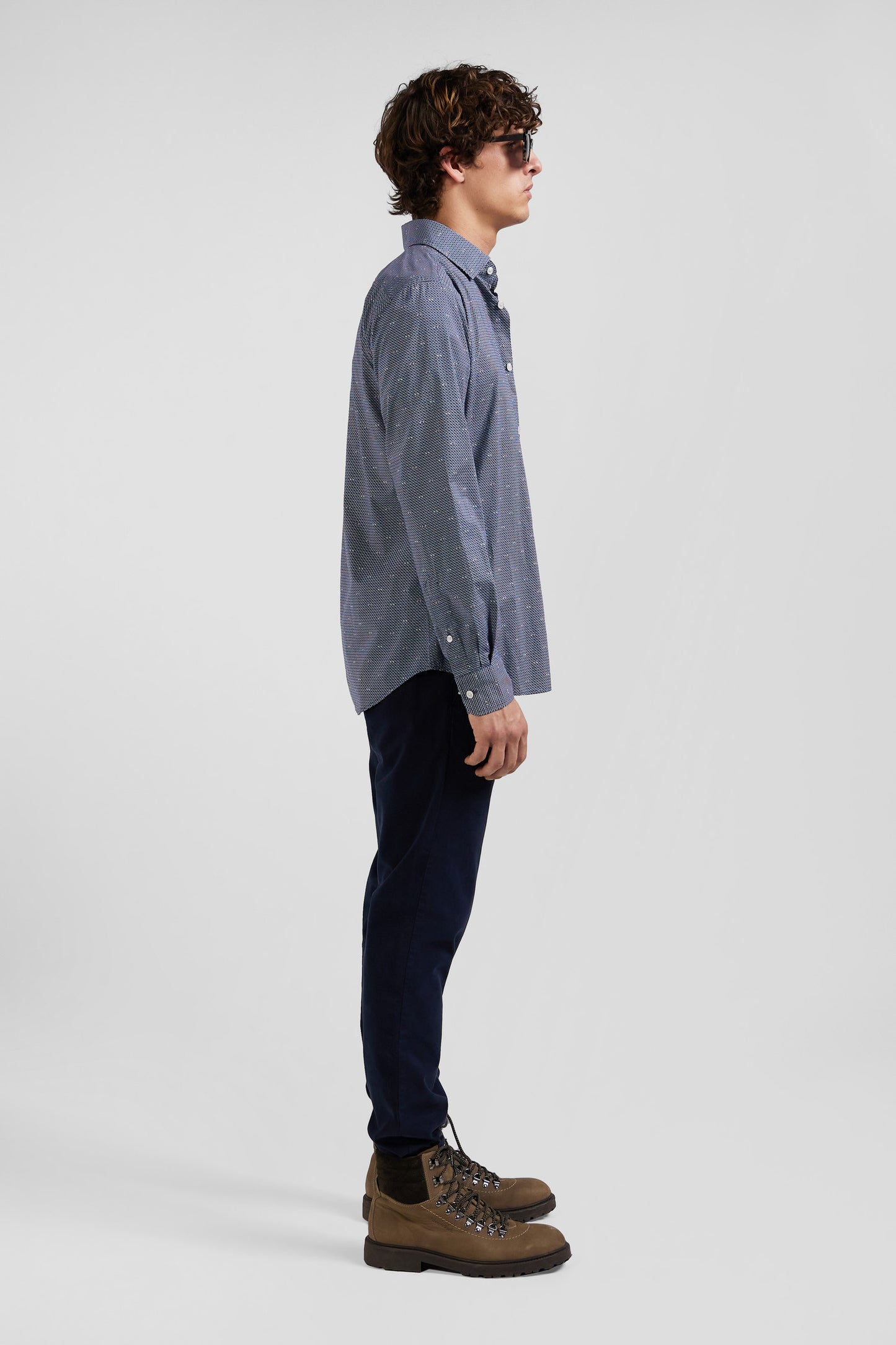 Slim navy blue microprint cotton shirt