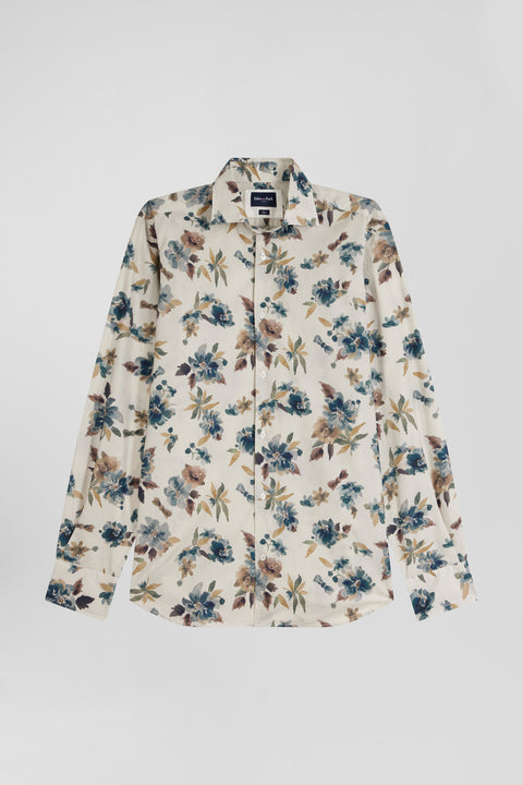 Slim beige floral print cotton shirt - Image 2