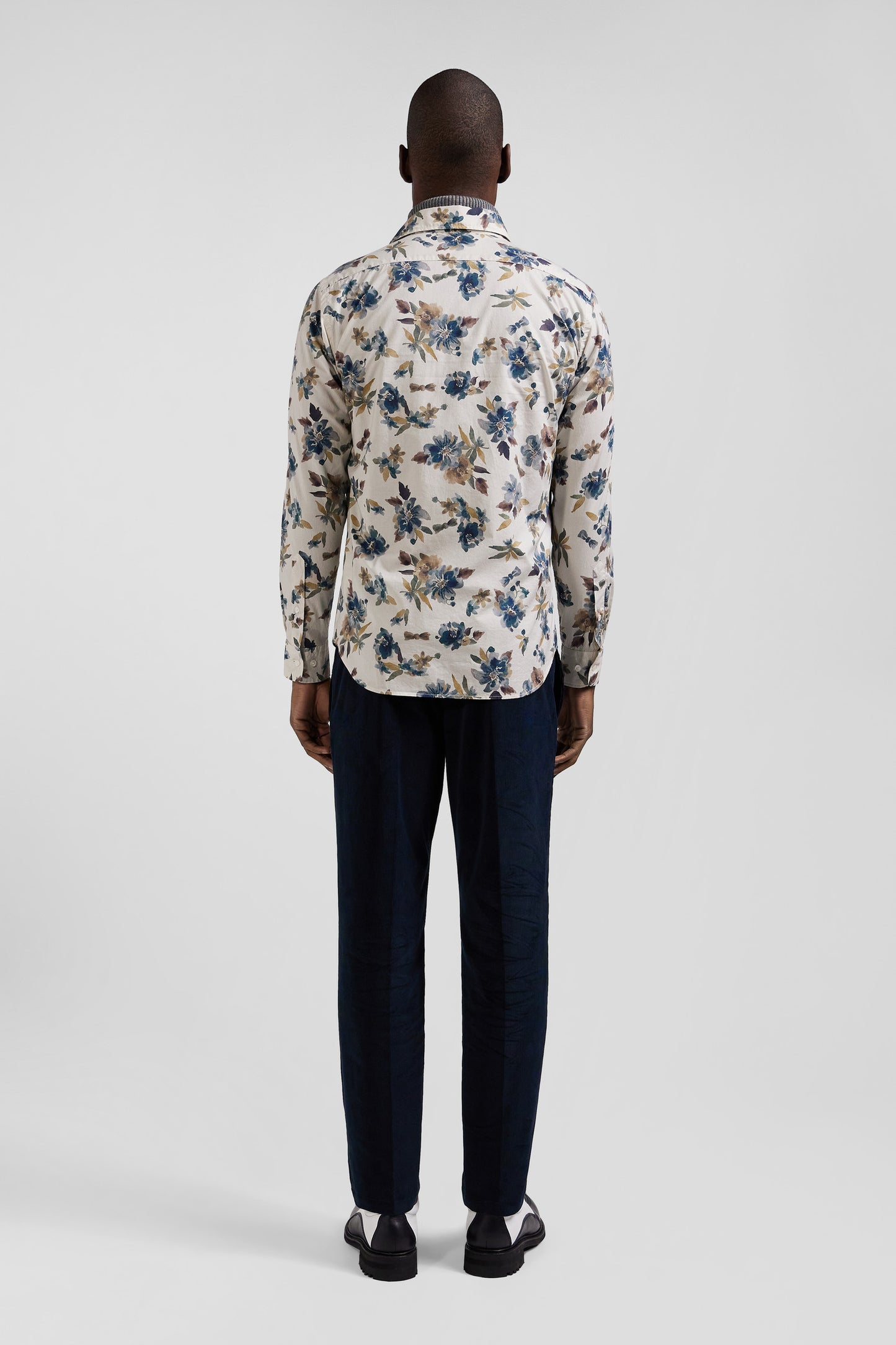 Slim beige floral print cotton shirt