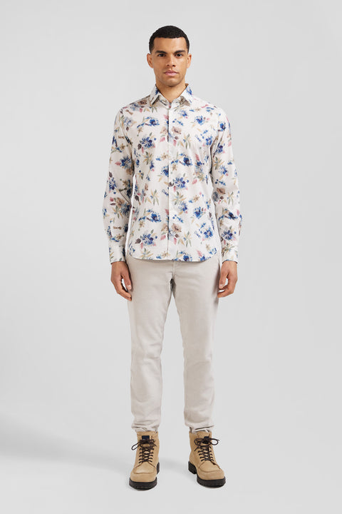 Slim ecru floral print cotton shirt - Image 1