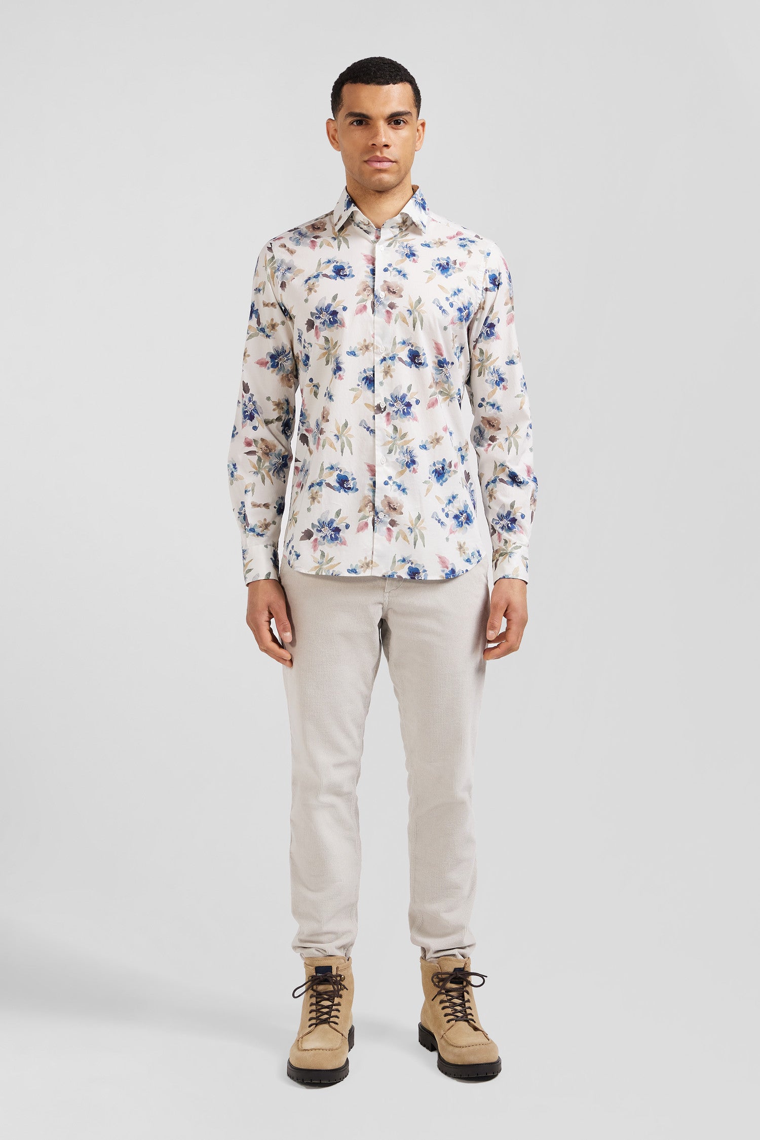 Slim ecru floral print cotton shirt