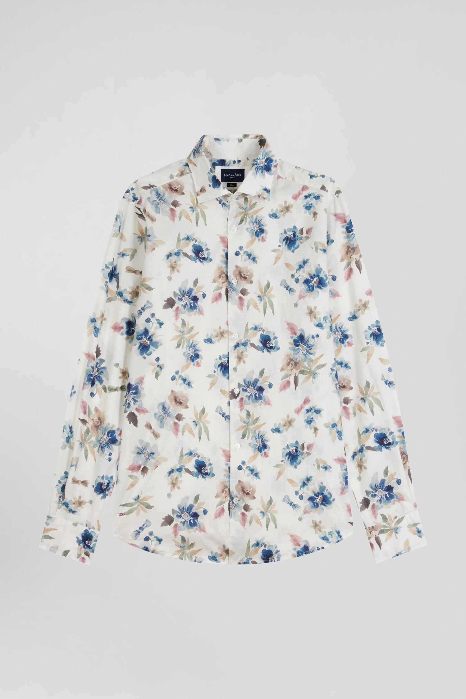 Slim ecru floral print cotton shirt