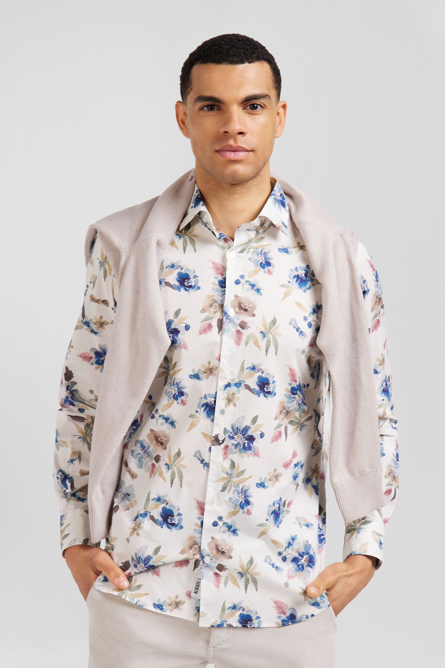 Slim ecru floral print cotton shirt