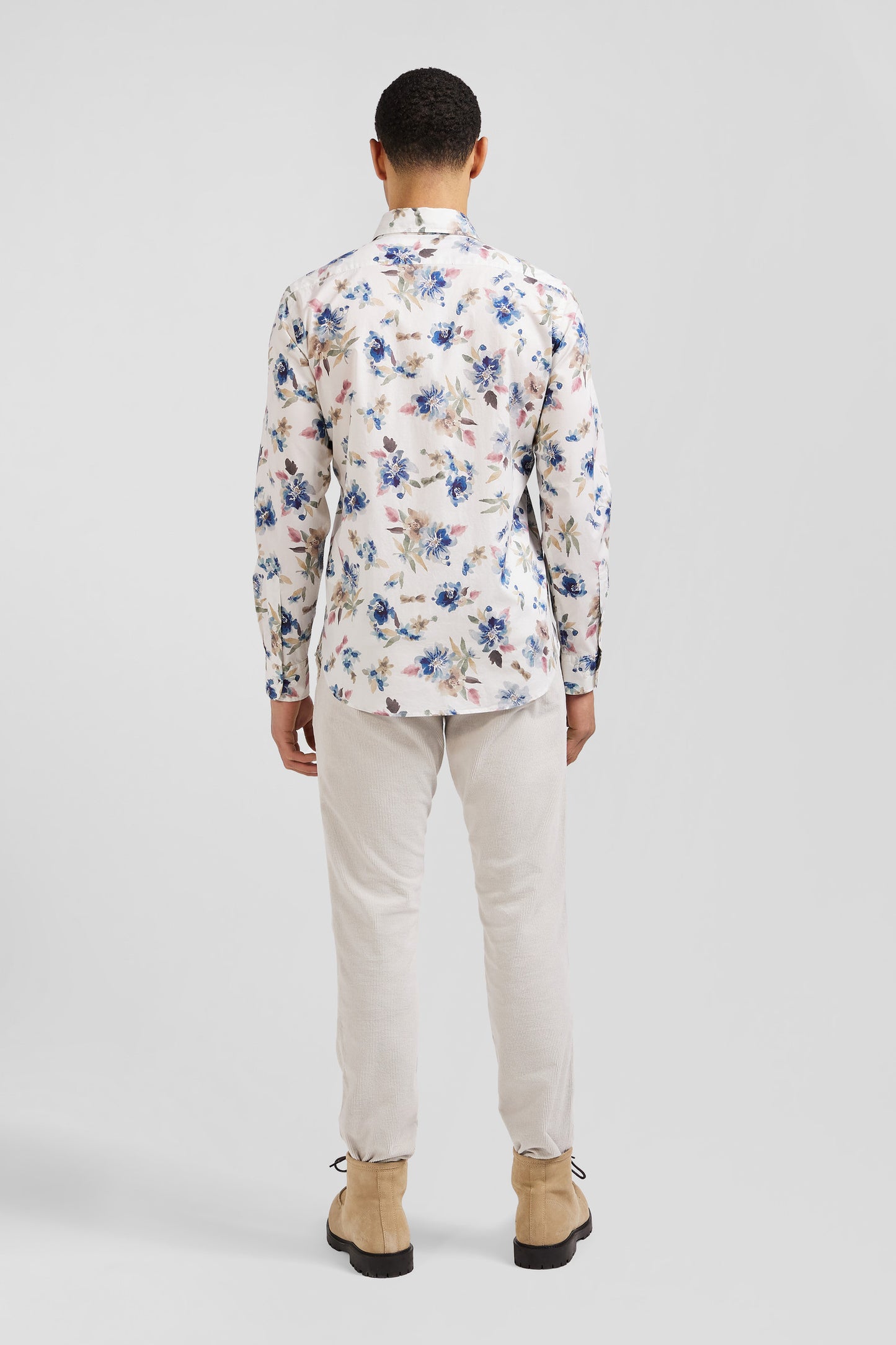 Slim ecru floral print cotton shirt