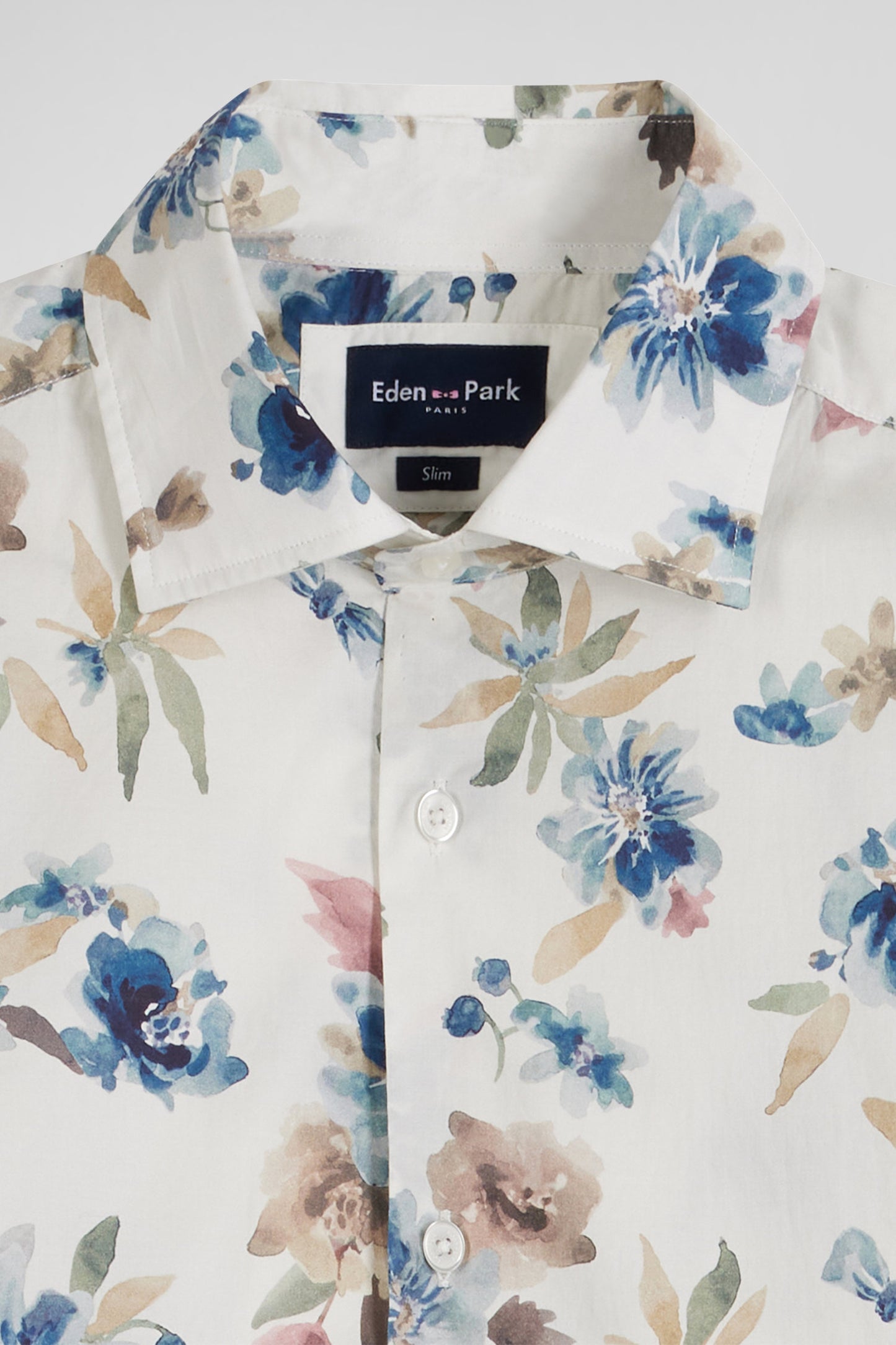 Slim ecru floral print cotton shirt