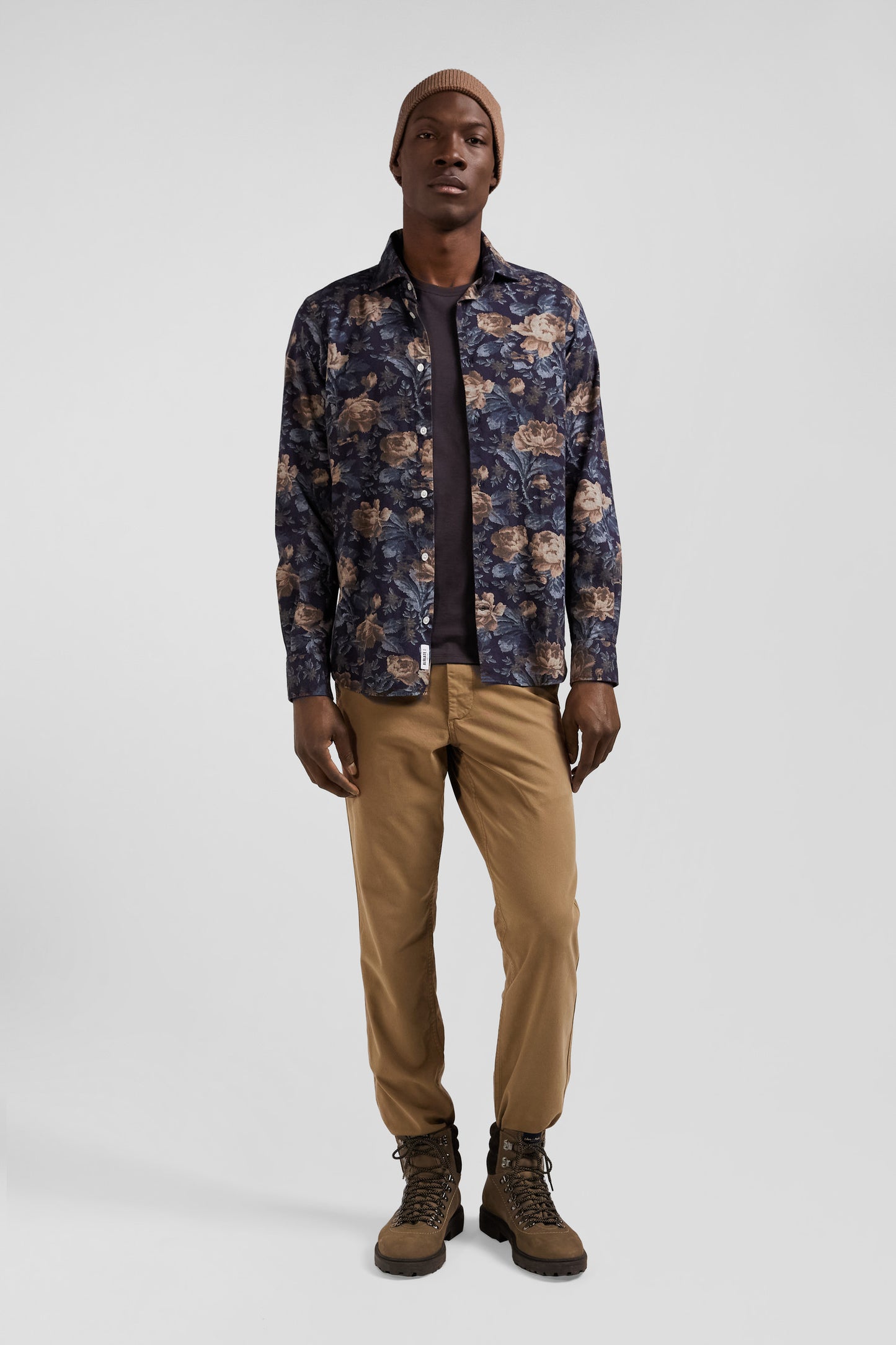 Slim navy blue floral print cotton flannel shirt