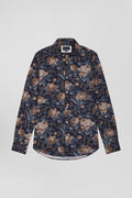 Slim navy blue floral print cotton flannel shirt