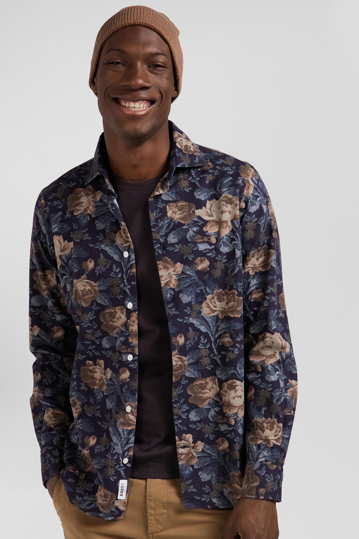 Slim navy blue floral print cotton flannel shirt