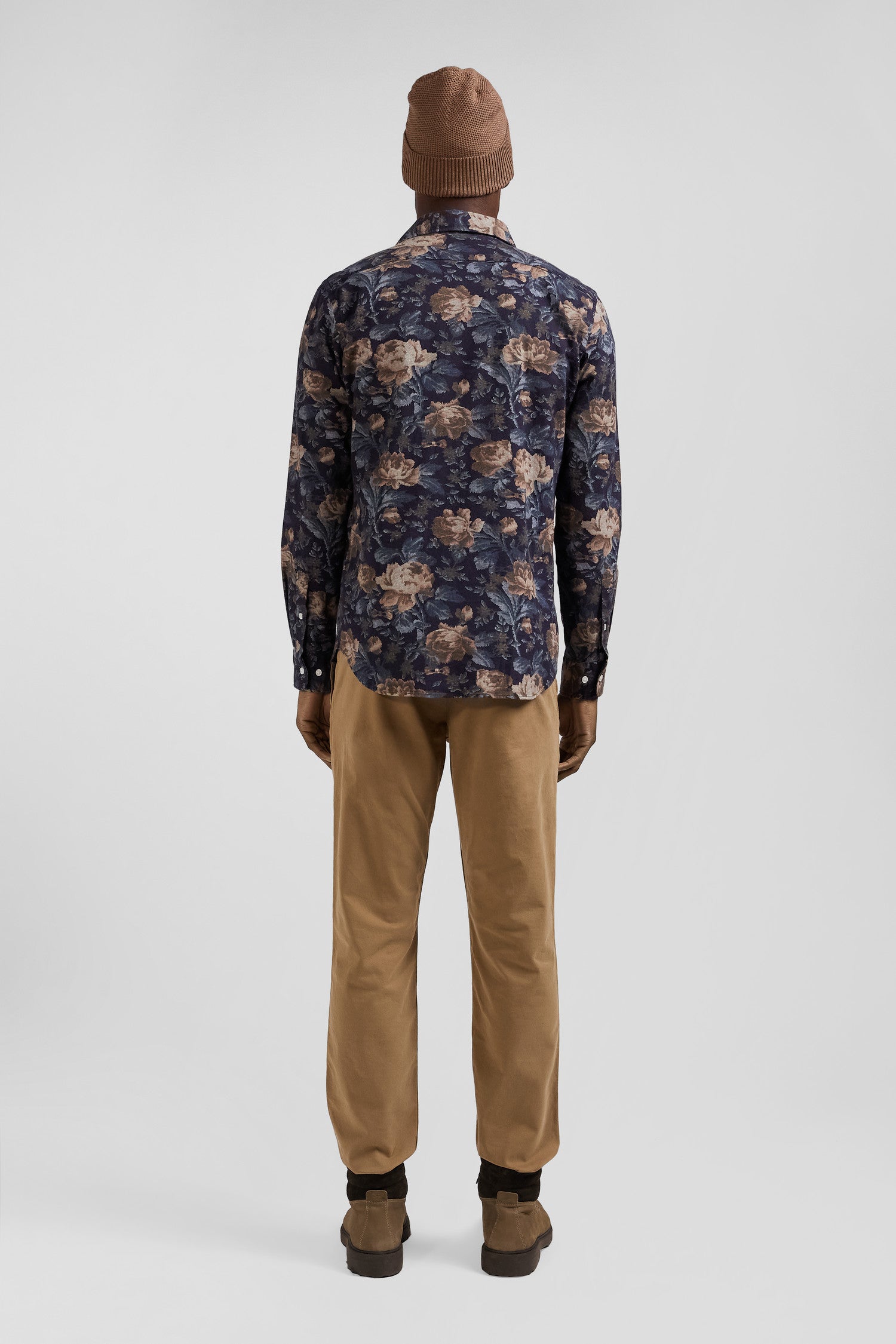 Slim navy blue floral print cotton flannel shirt