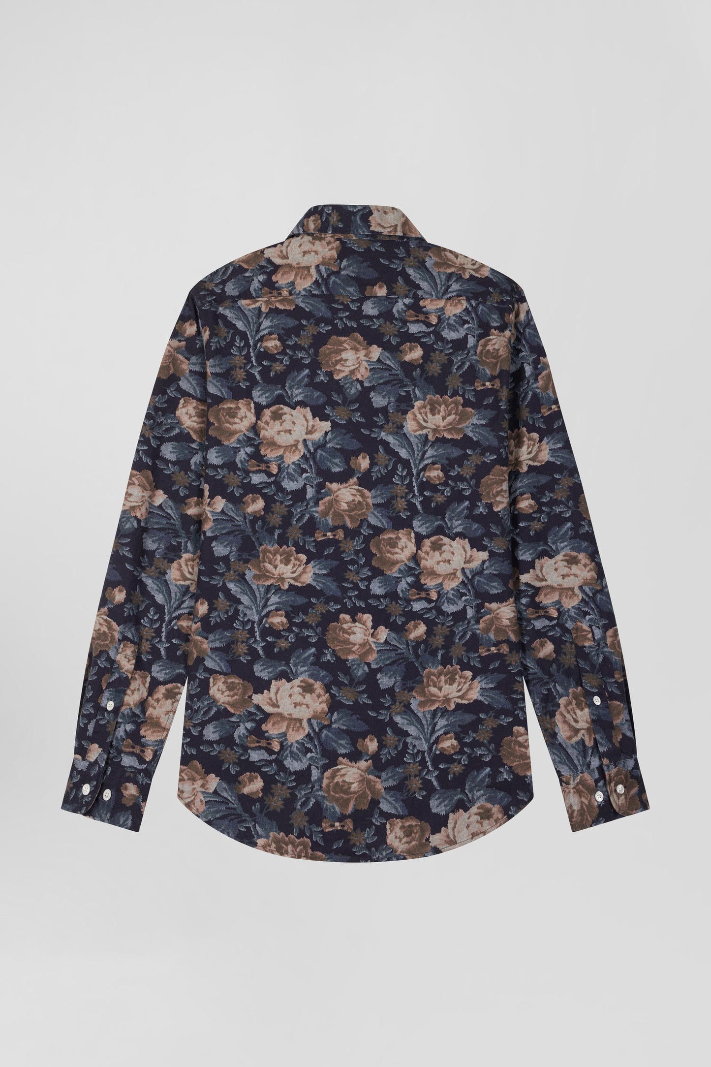 Slim navy blue floral print cotton flannel shirt