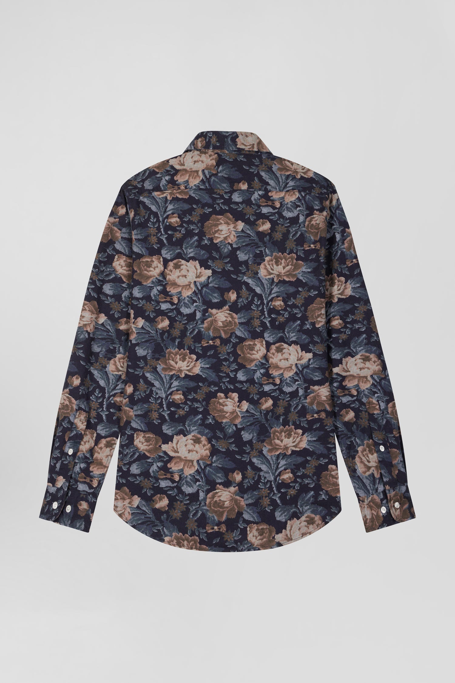 Slim navy blue floral print cotton flannel shirt