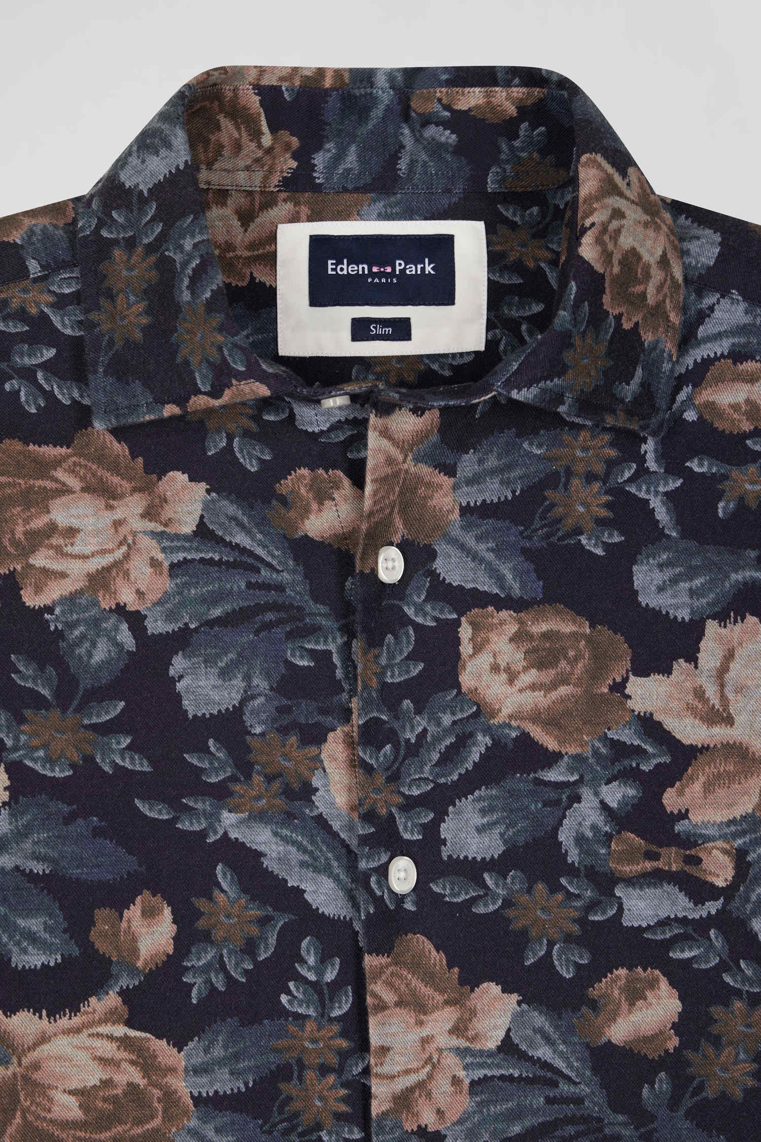 Slim navy blue floral print cotton flannel shirt