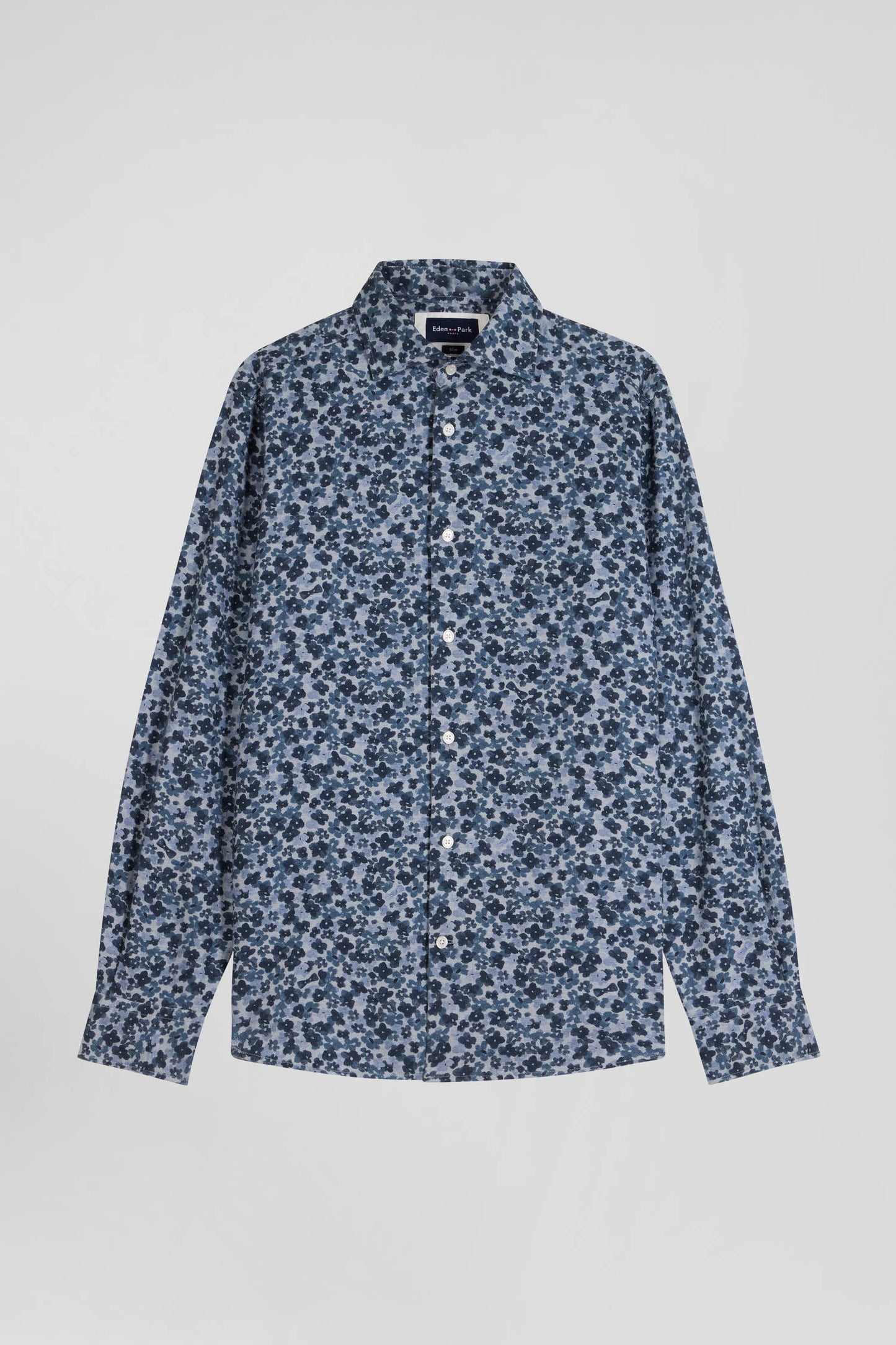 Slim-fit shirt in grey cotton poplin microprinted with flowers