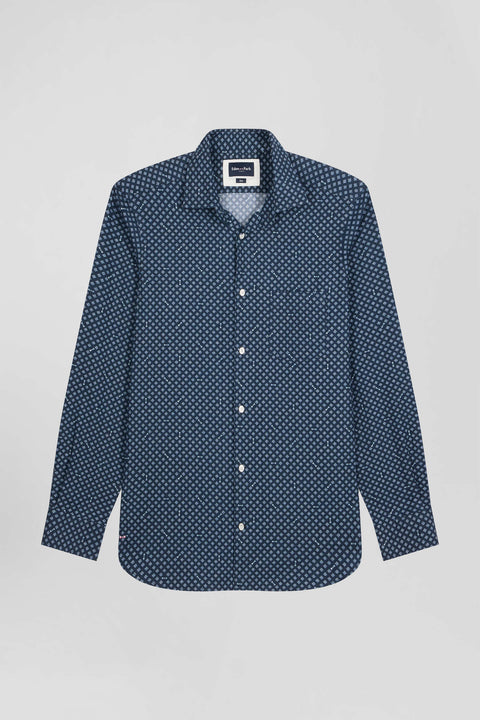 Slim fit shirt in indigo cotton poplin with graphic print - Image 2