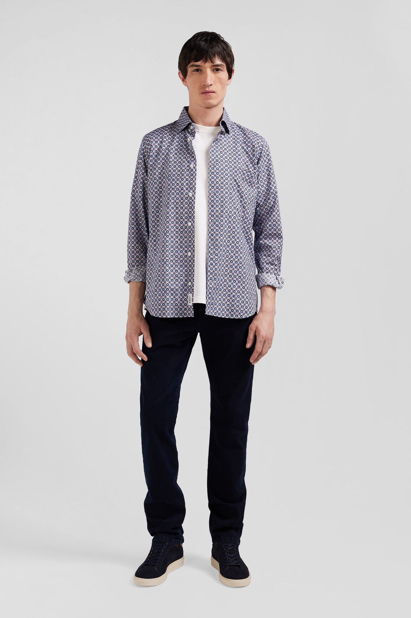 Chemise en coton à micro-motifs ciel coupe Slim