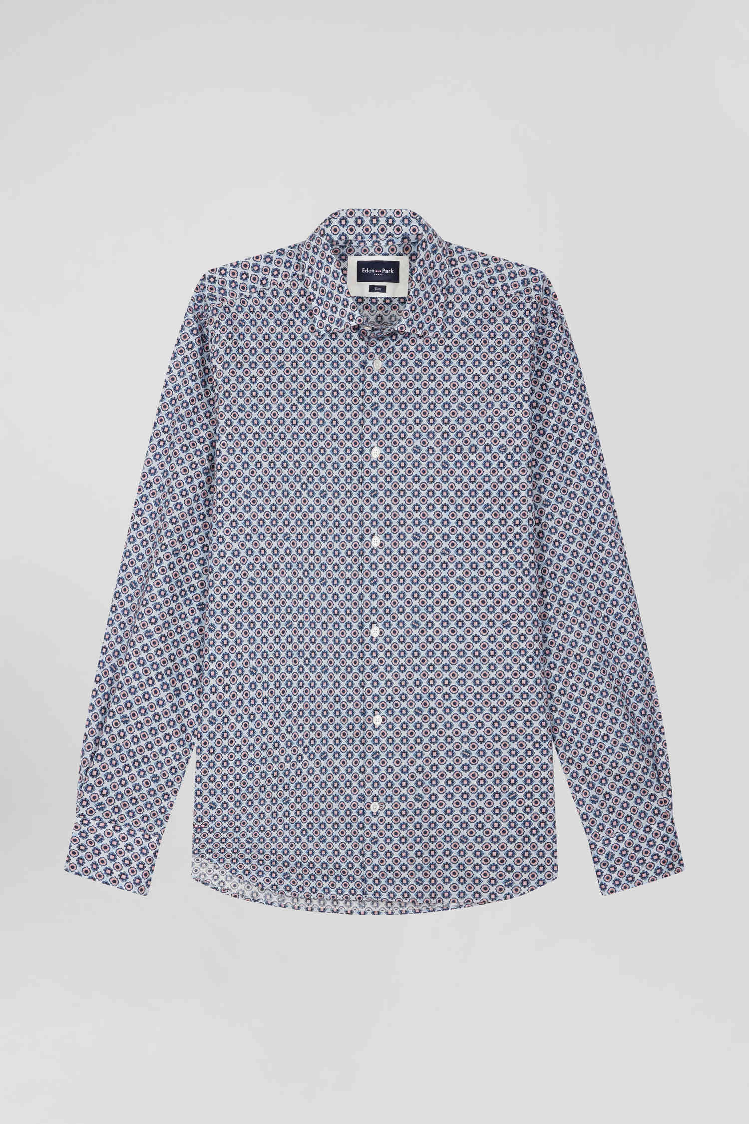 Chemise en coton à micro-motifs ciel coupe Slim