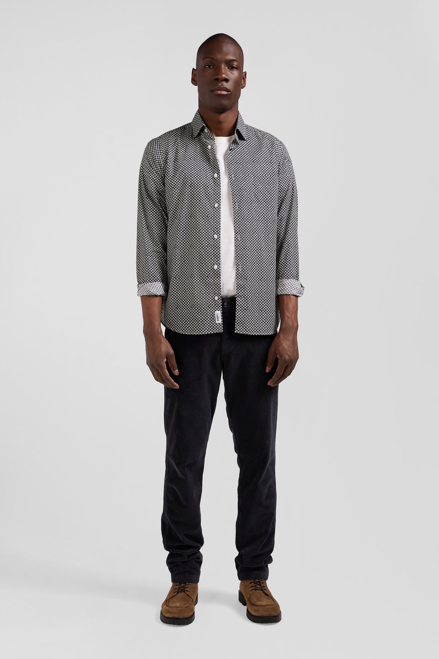Slim fit grey cotton poplin shirt with graphic print