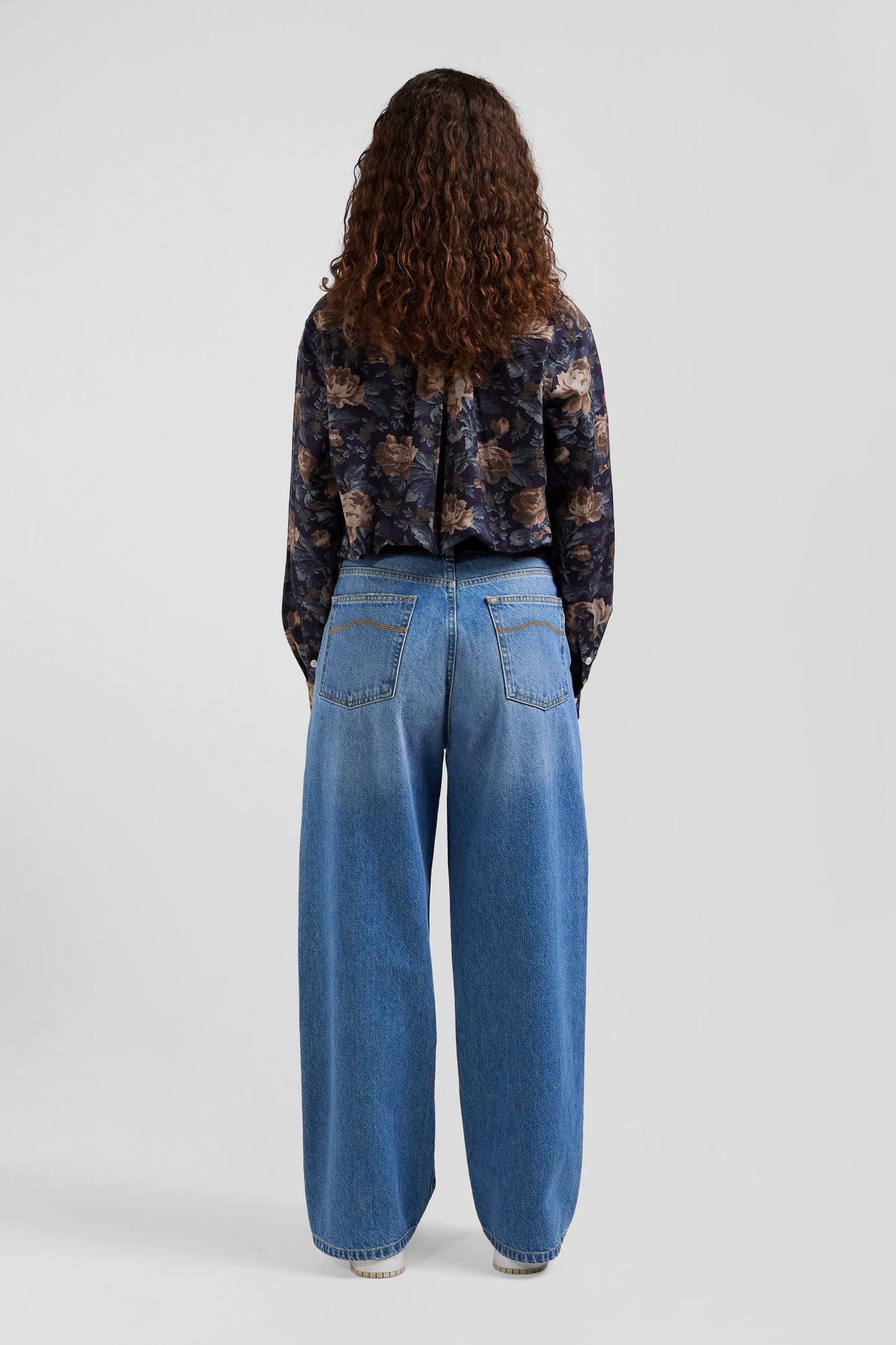 Relax navy blue floral print cotton flannel shirt