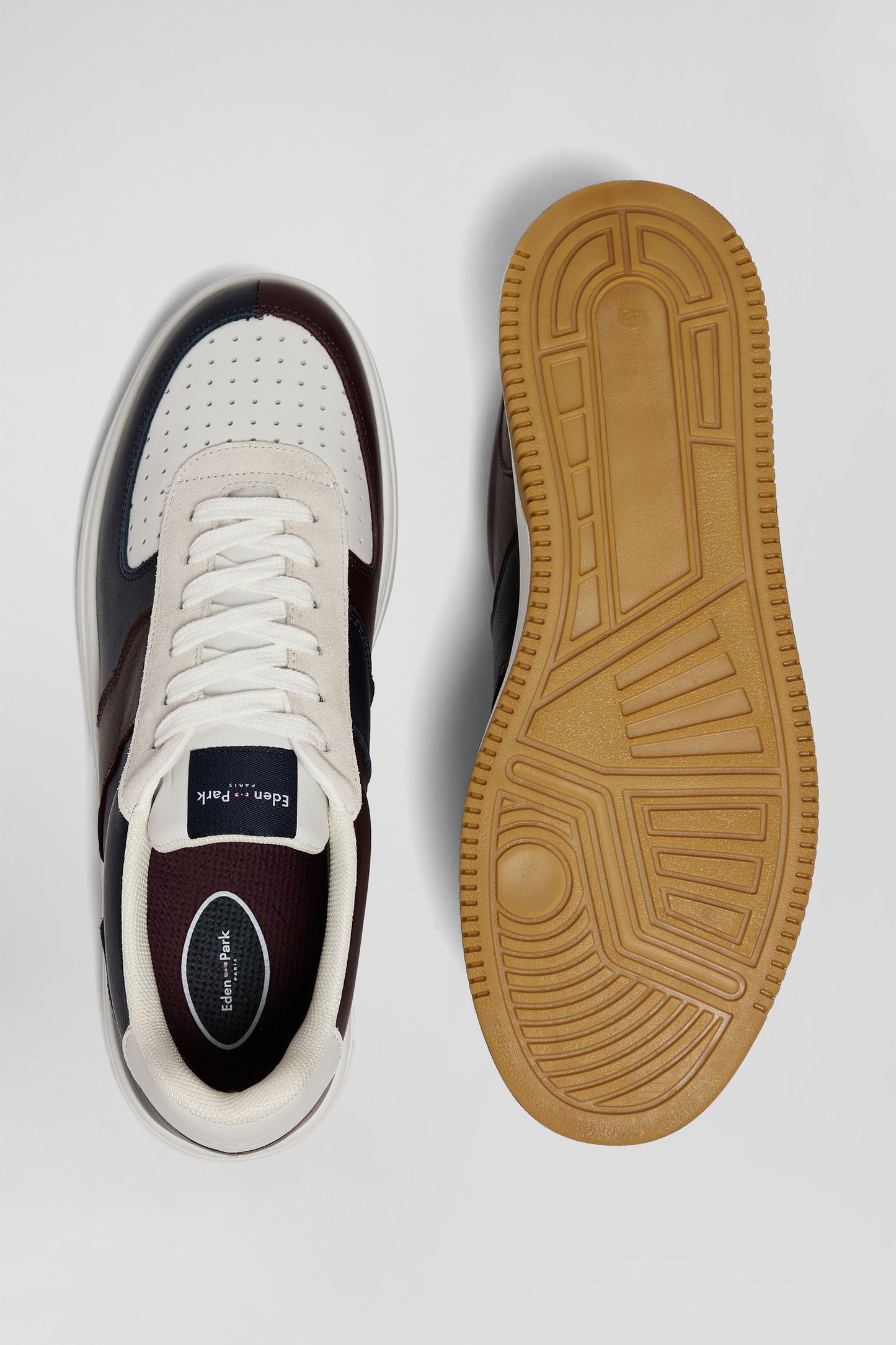 Navy blue and burgundy leather sneakers