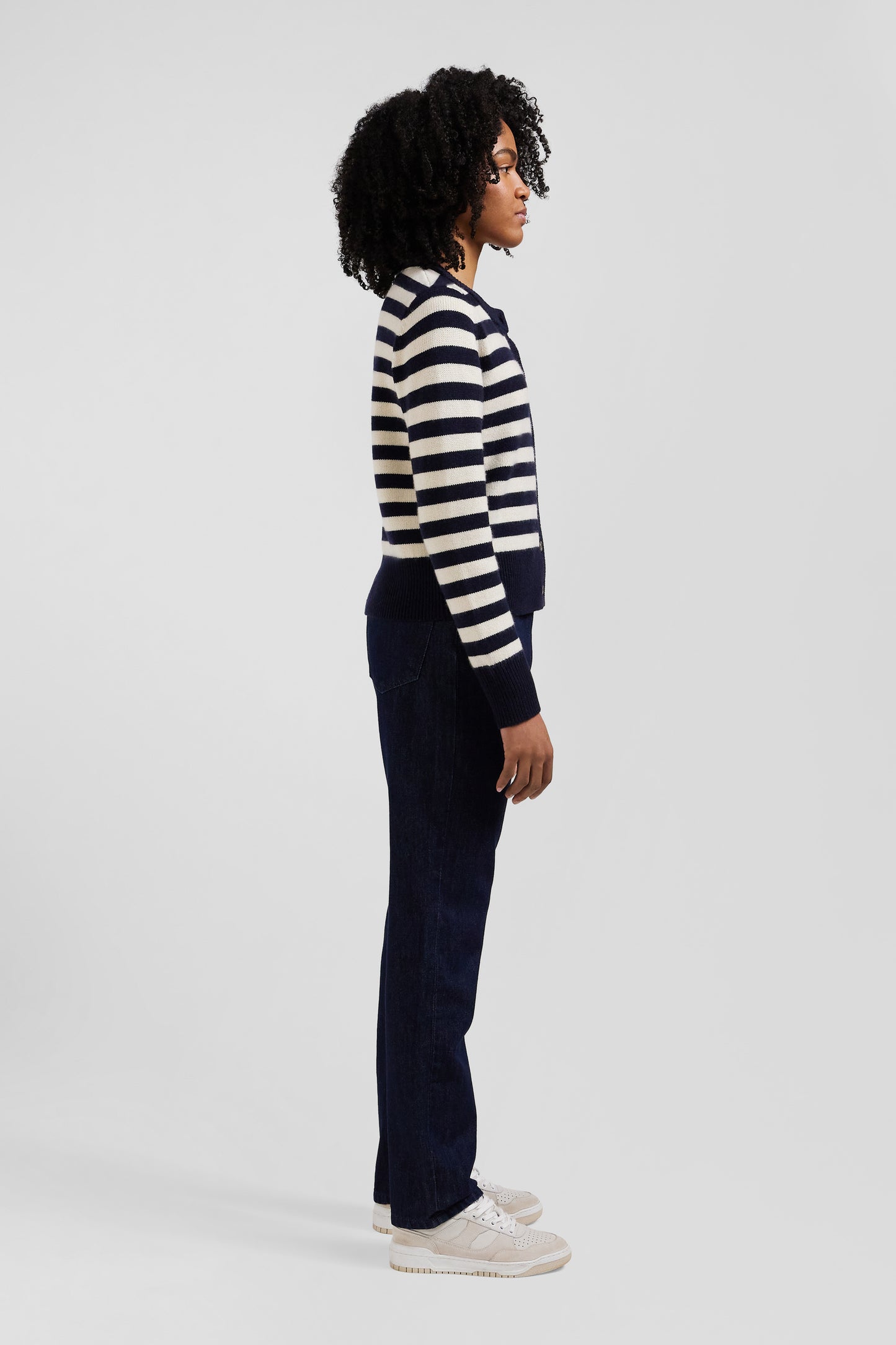 Regular navy blue and cashmere sailor striped cardigan