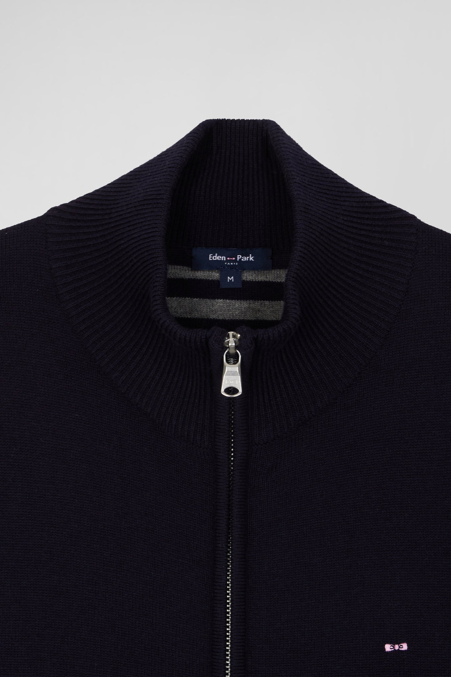 Regular navy blue plain wool and cotton zipped cardigan