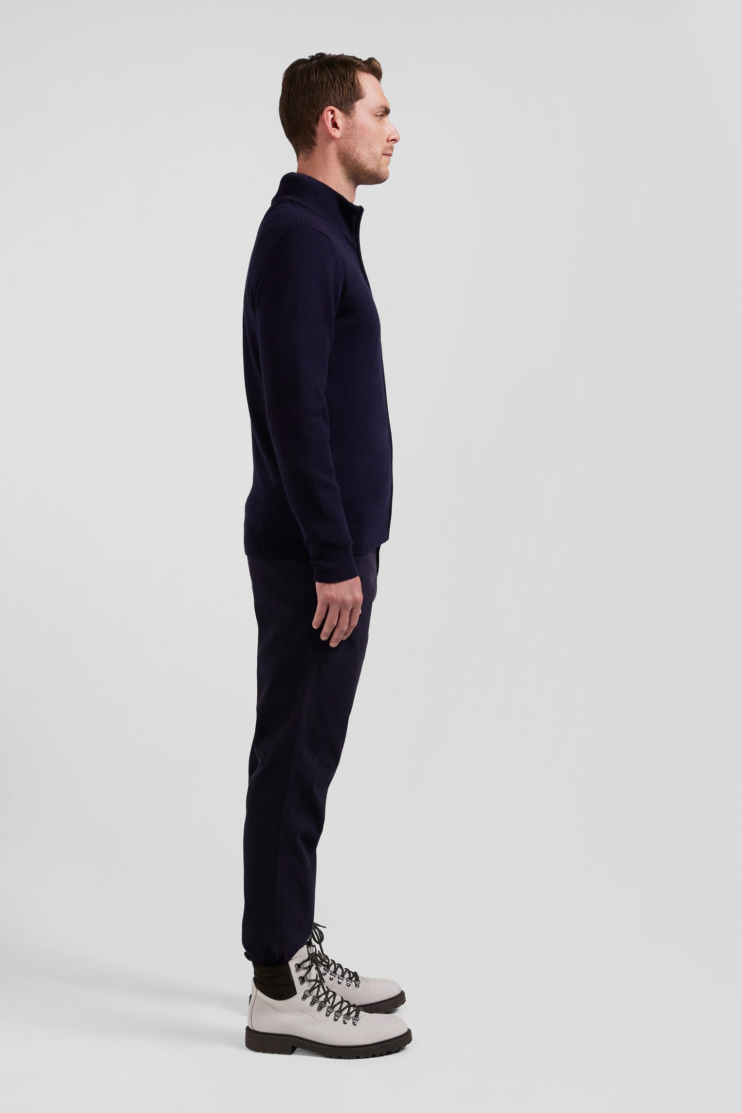 Regular navy blue plain wool and cotton zipped cardigan