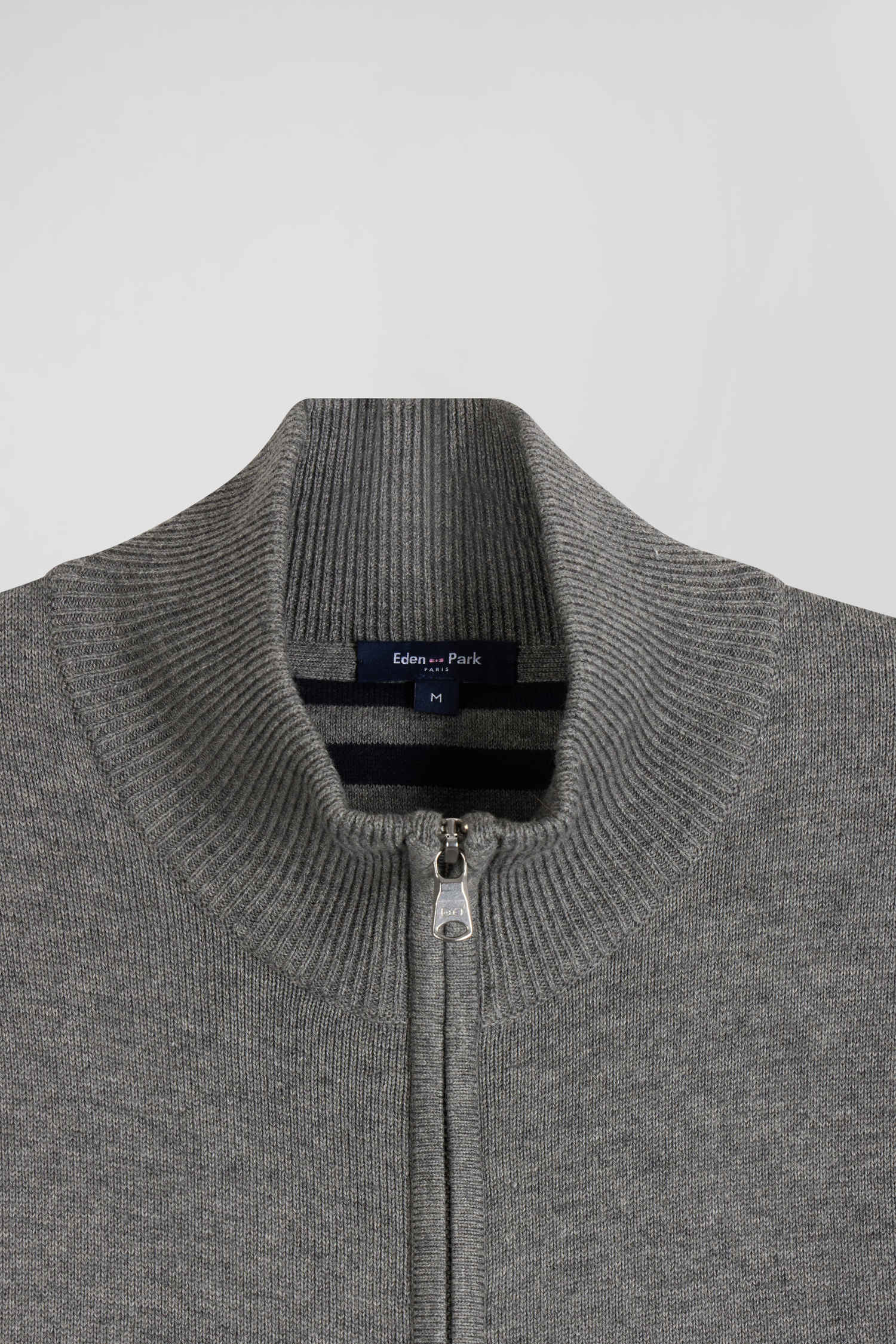 Regular grey plain wool and cotton zipped cardigan