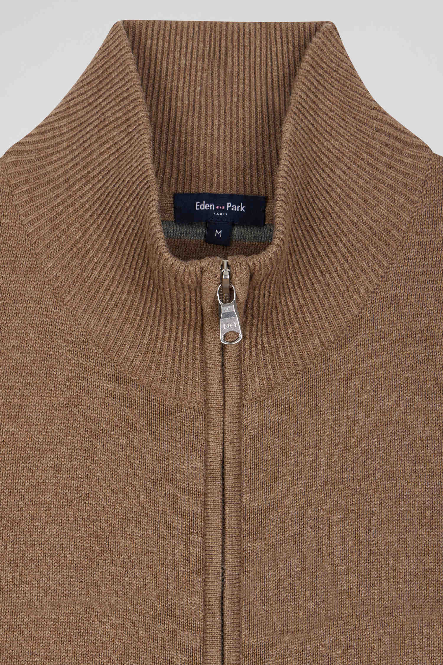 Regular camel plain wool and cotton zipped cardigan