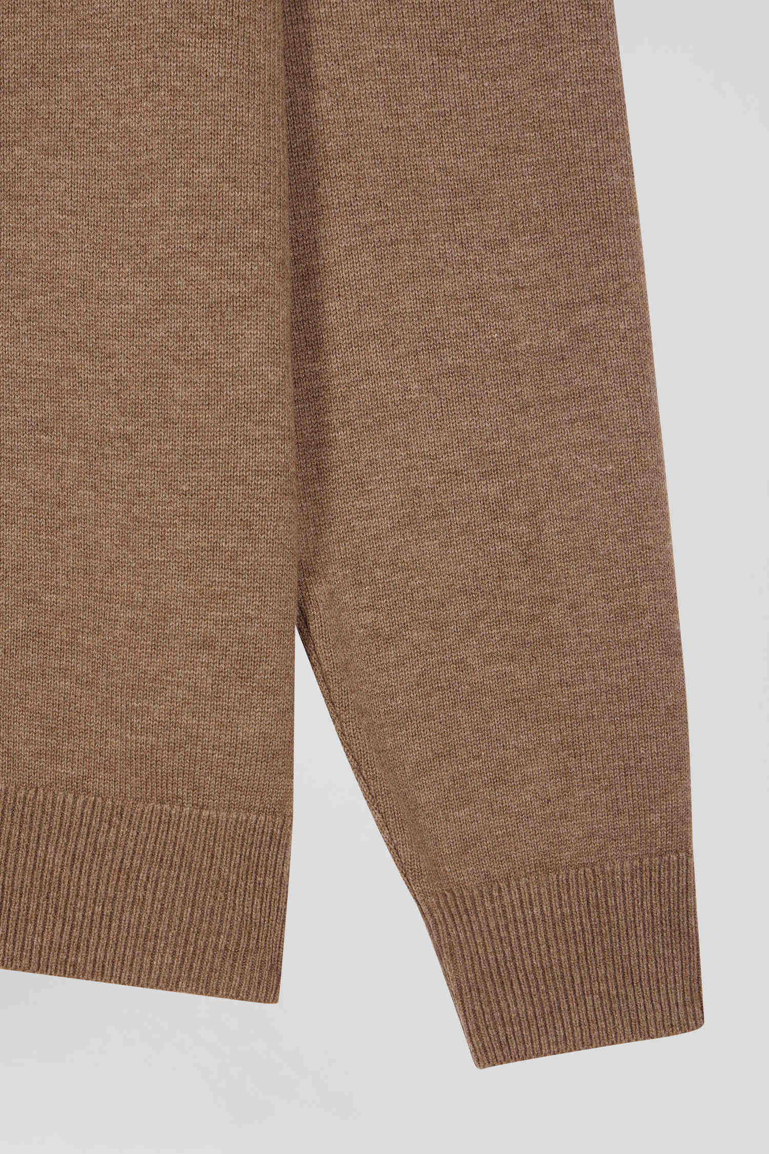 Regular camel plain wool and cotton zipped cardigan