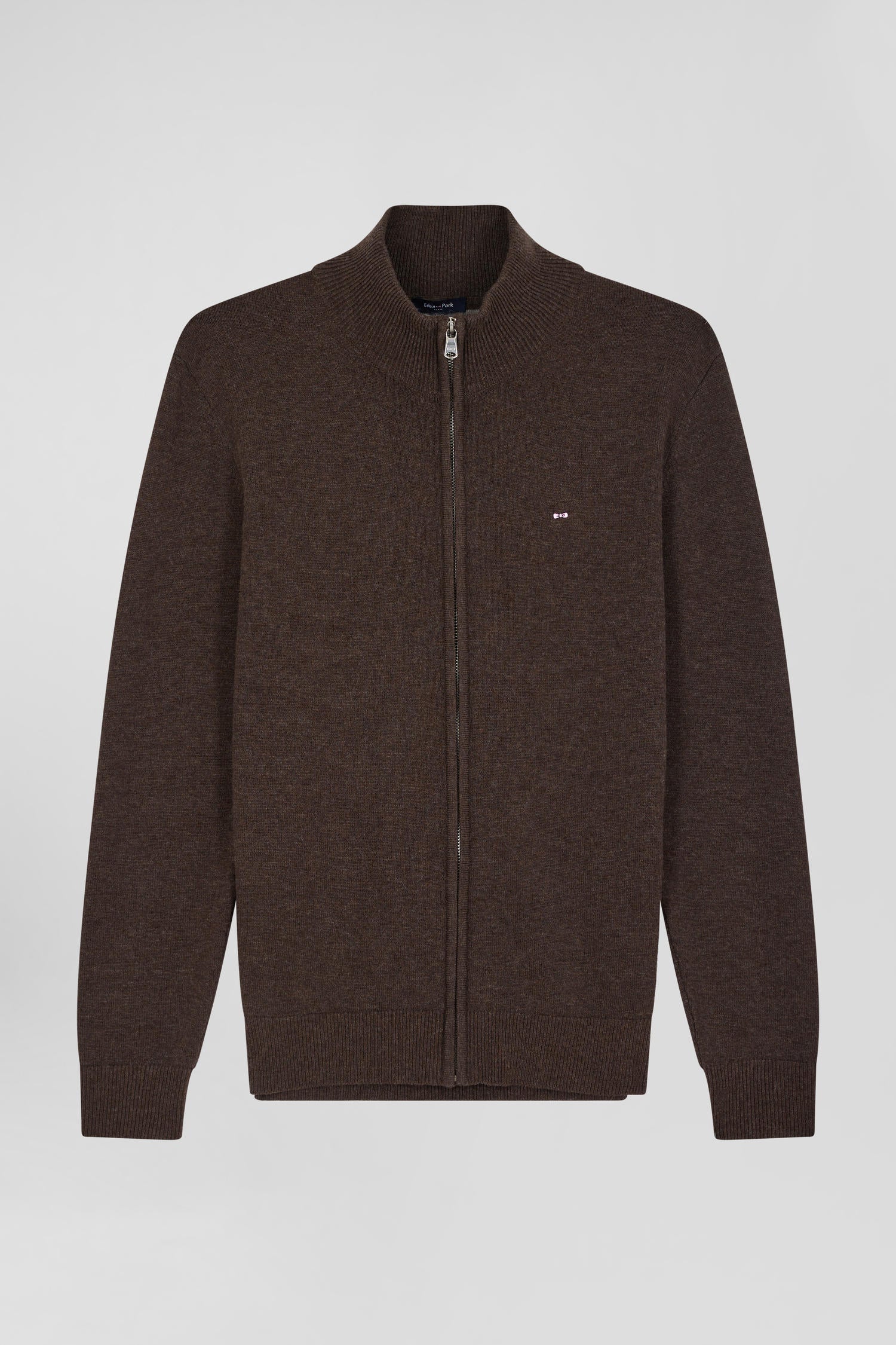 Regular brown plain wool and cotton zipped cardigan