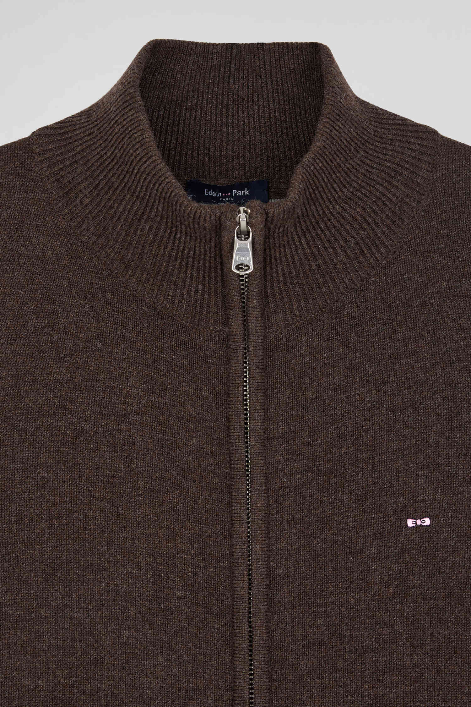 Regular brown plain wool and cotton zipped cardigan