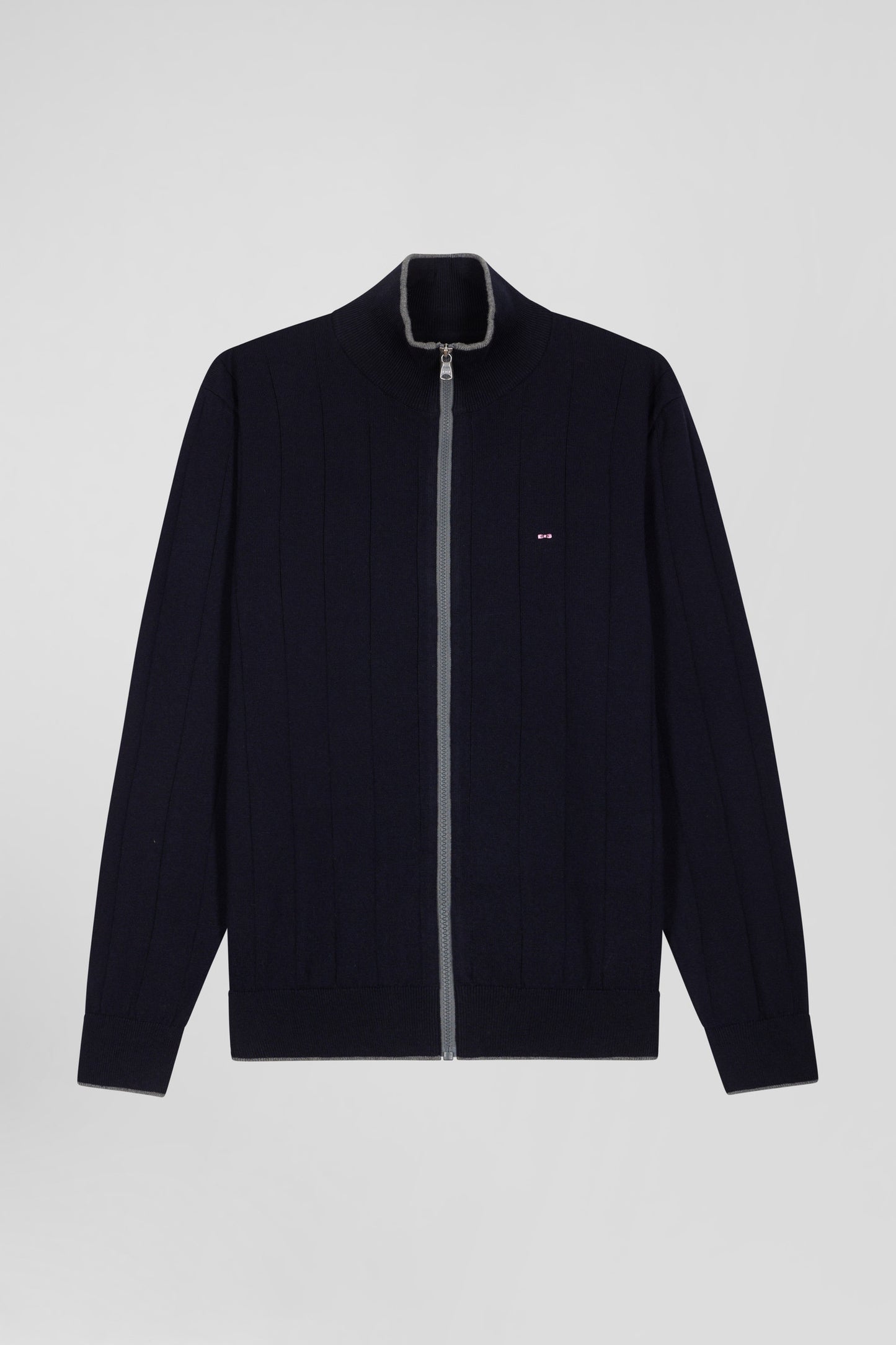 Regular navy blue cotton and cashmere zipped cardigan with vertical stripes