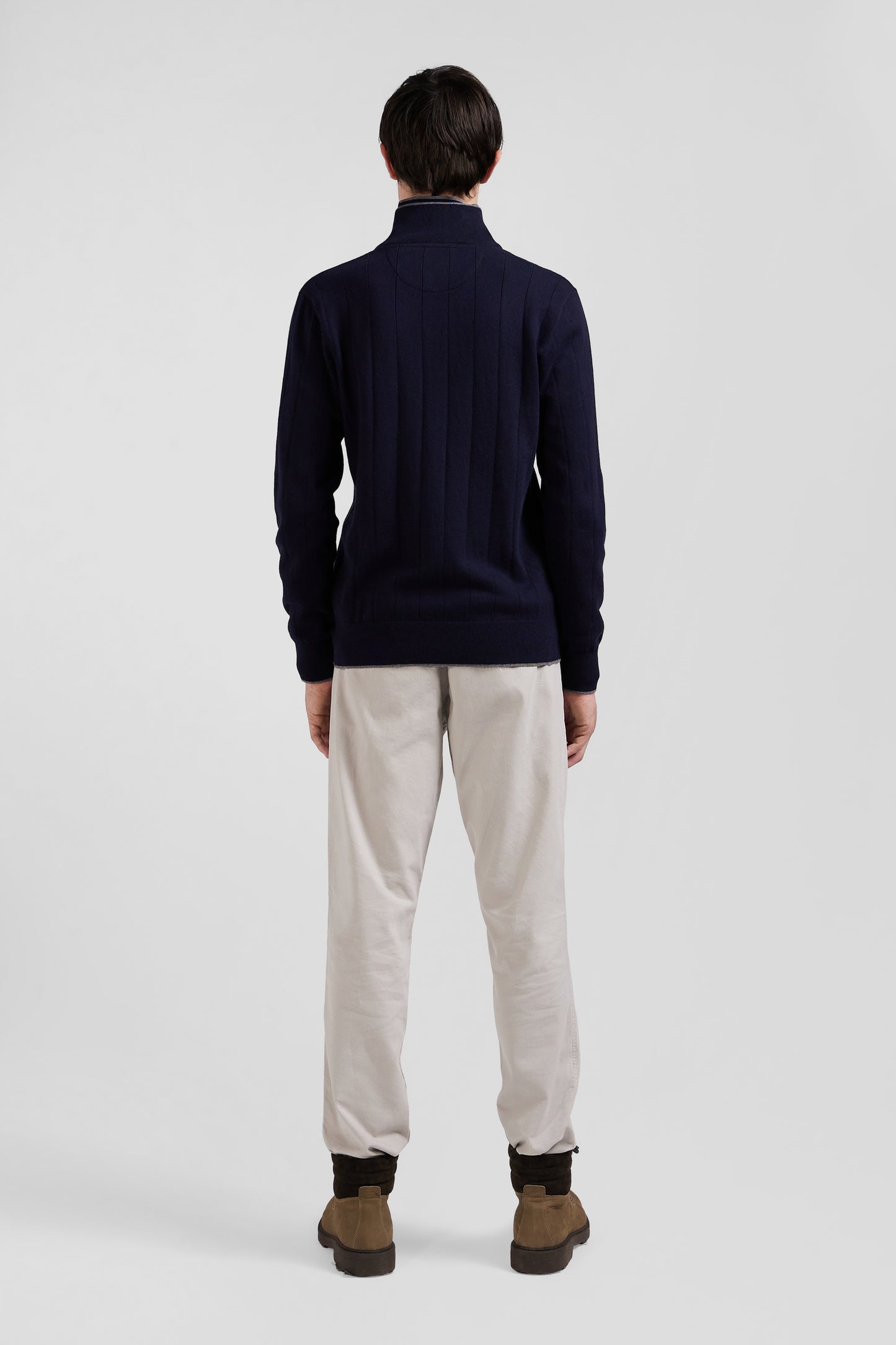 Regular navy blue cotton and cashmere zipped cardigan with vertical stripes